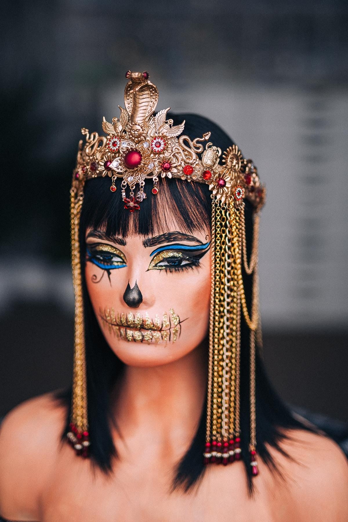 Gold Cleopatra Crown, Burgundy Red Egyptian Headpiece, Cobra Queen Crown, Egyptian Goddess Tiara, Pharaoh Costume Crown