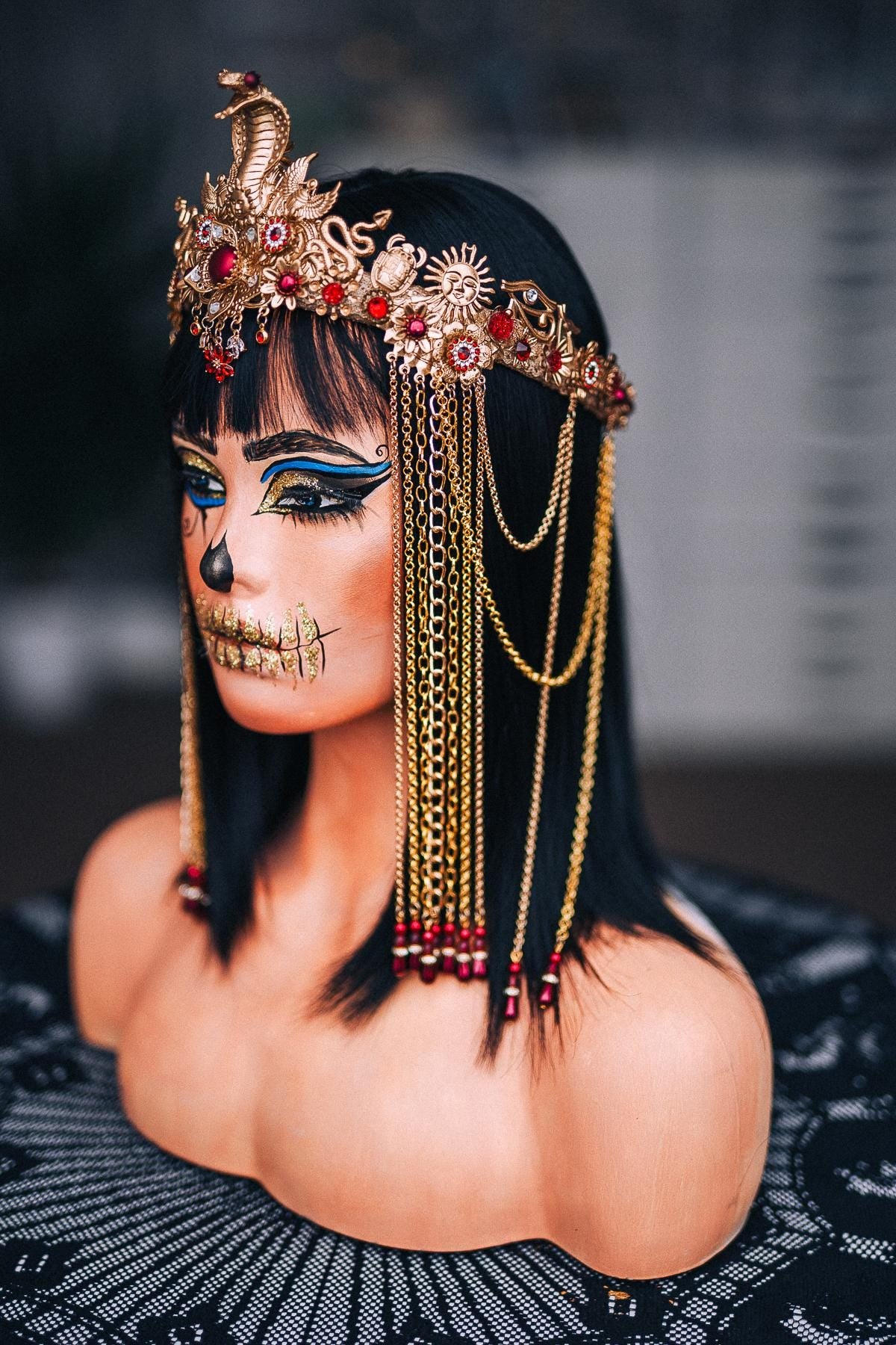 Gold Cleopatra Crown, Burgundy Red Egyptian Headpiece, Cobra Queen Crown, Egyptian Goddess Tiara, Pharaoh Costume Crown