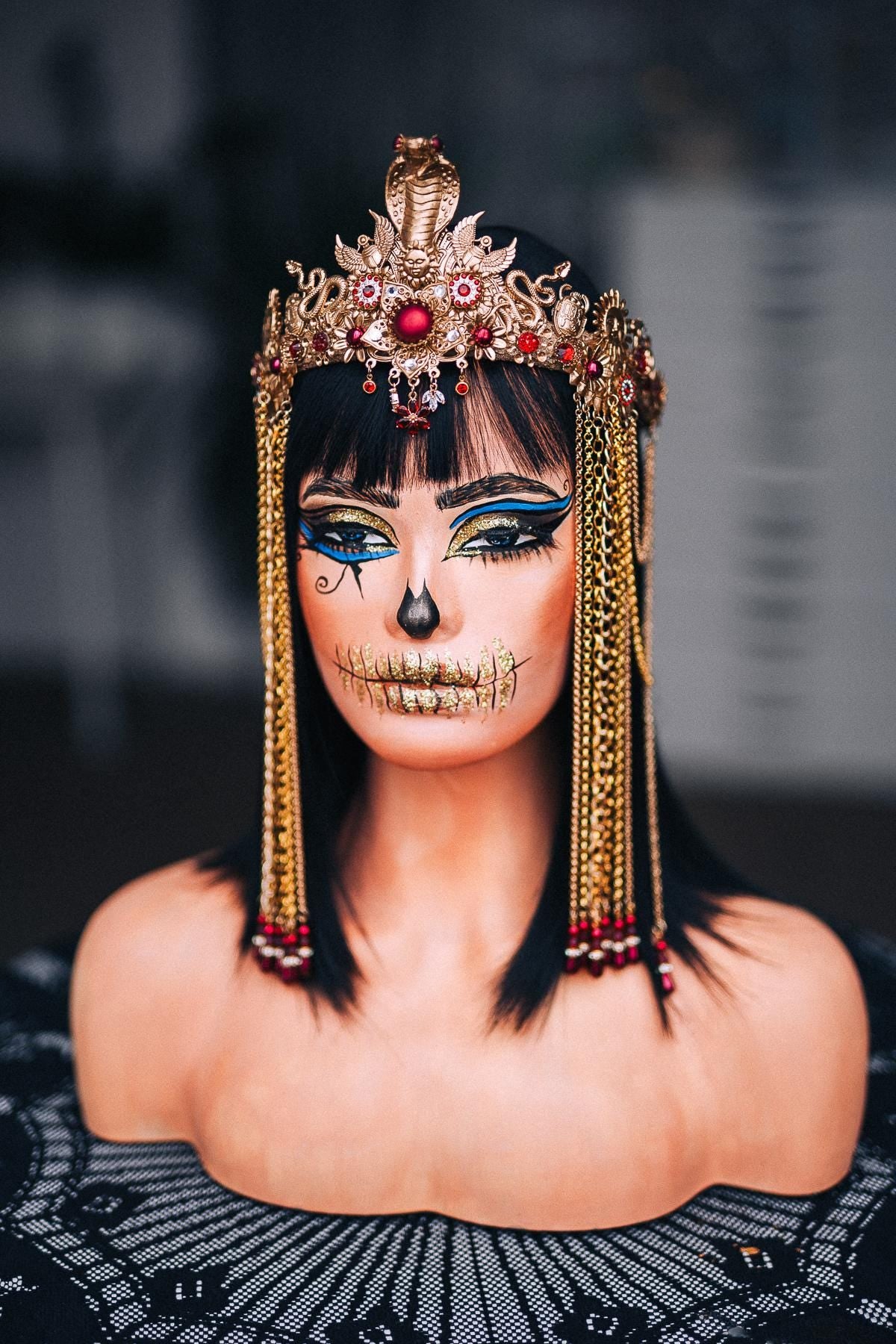 Gold Cleopatra Crown, Burgundy Red Egyptian Headpiece, Cobra Queen Crown, Egyptian Goddess Tiara, Pharaoh Costume Crown