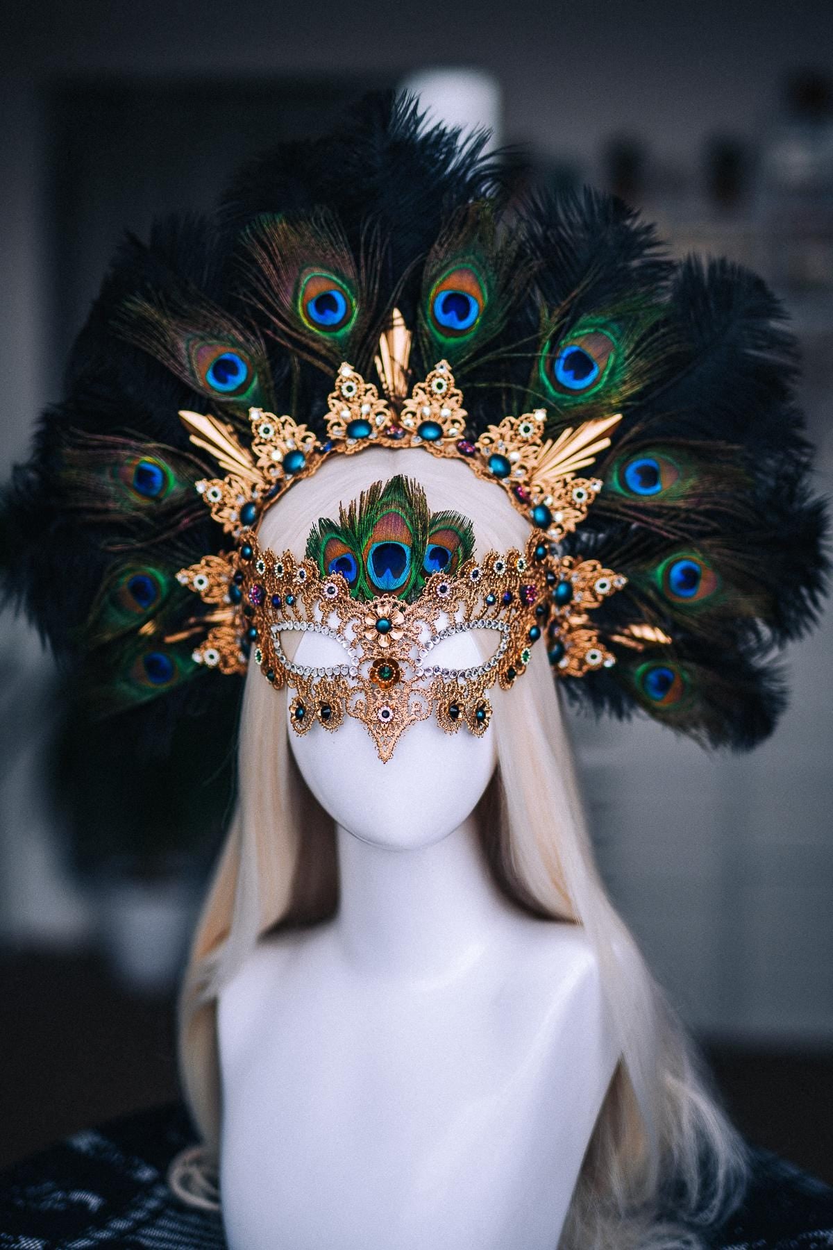 Peacock Feather Crown, Gold Masquerade Crown, Venetian Carnival Headpiece, Baroque Fantasy Crown, Peacock Goddess Headdress