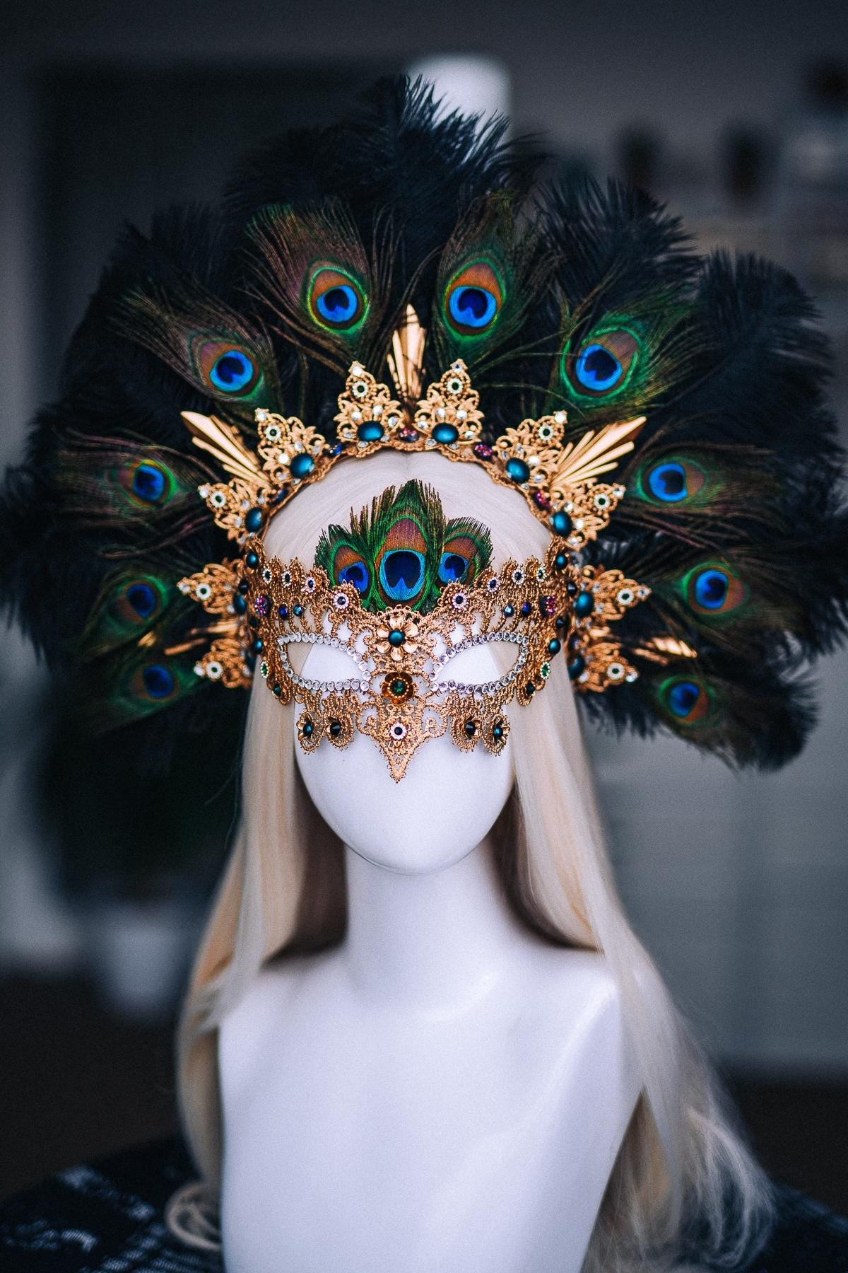 Peacock Feather Crown, Gold Masquerade Crown, Venetian Carnival Headpiece, Baroque Fantasy Crown, Peacock Goddess Headdress