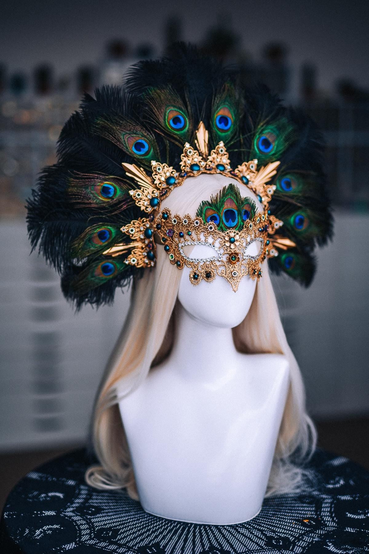Peacock Feather Crown, Gold Masquerade Crown, Venetian Carnival Headpiece, Baroque Fantasy Crown, Peacock Goddess Headdress