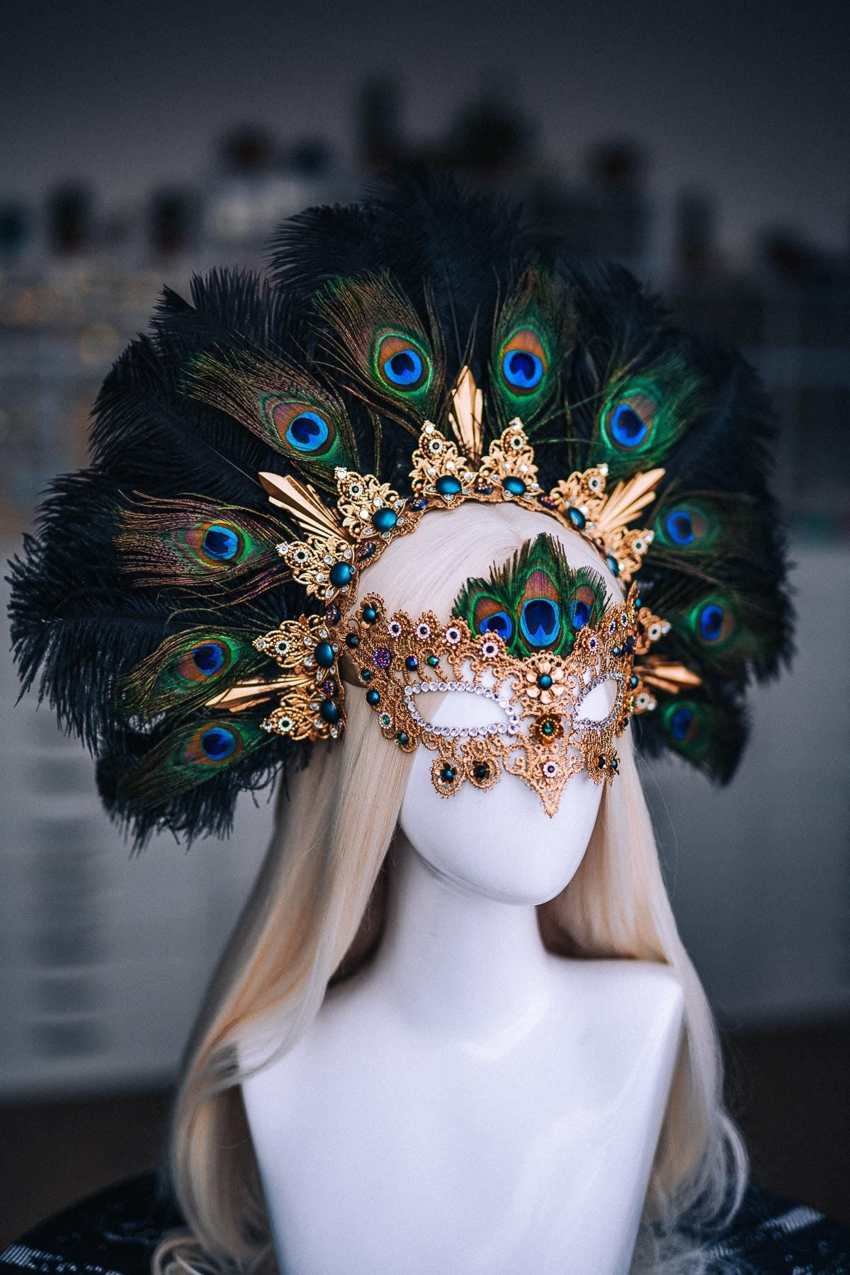 Peacock Feather Crown, Gold Masquerade Crown, Venetian Carnival Headpiece, Baroque Fantasy Crown, Peacock Goddess Headdress