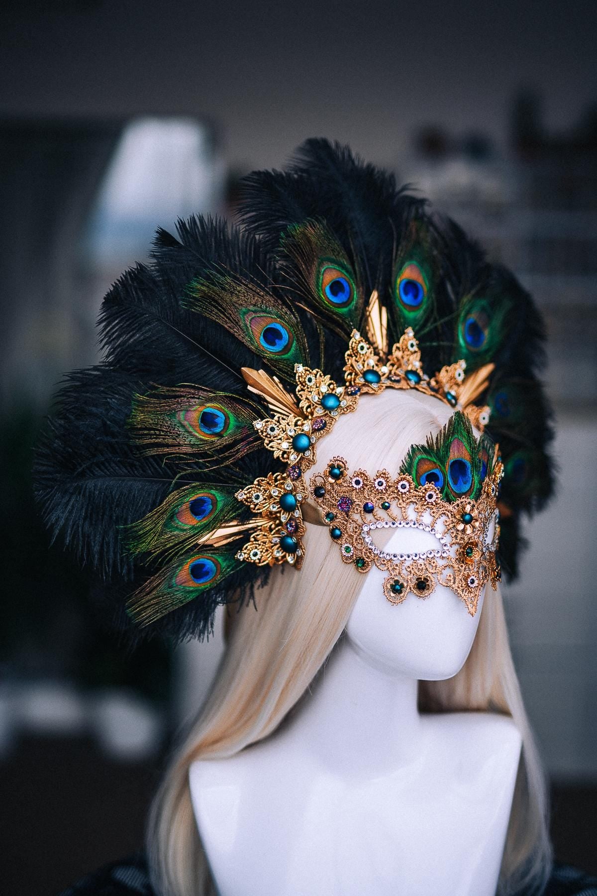 Peacock Feather Crown, Gold Masquerade Crown, Venetian Carnival Headpiece, Baroque Fantasy Crown, Peacock Goddess Headdress