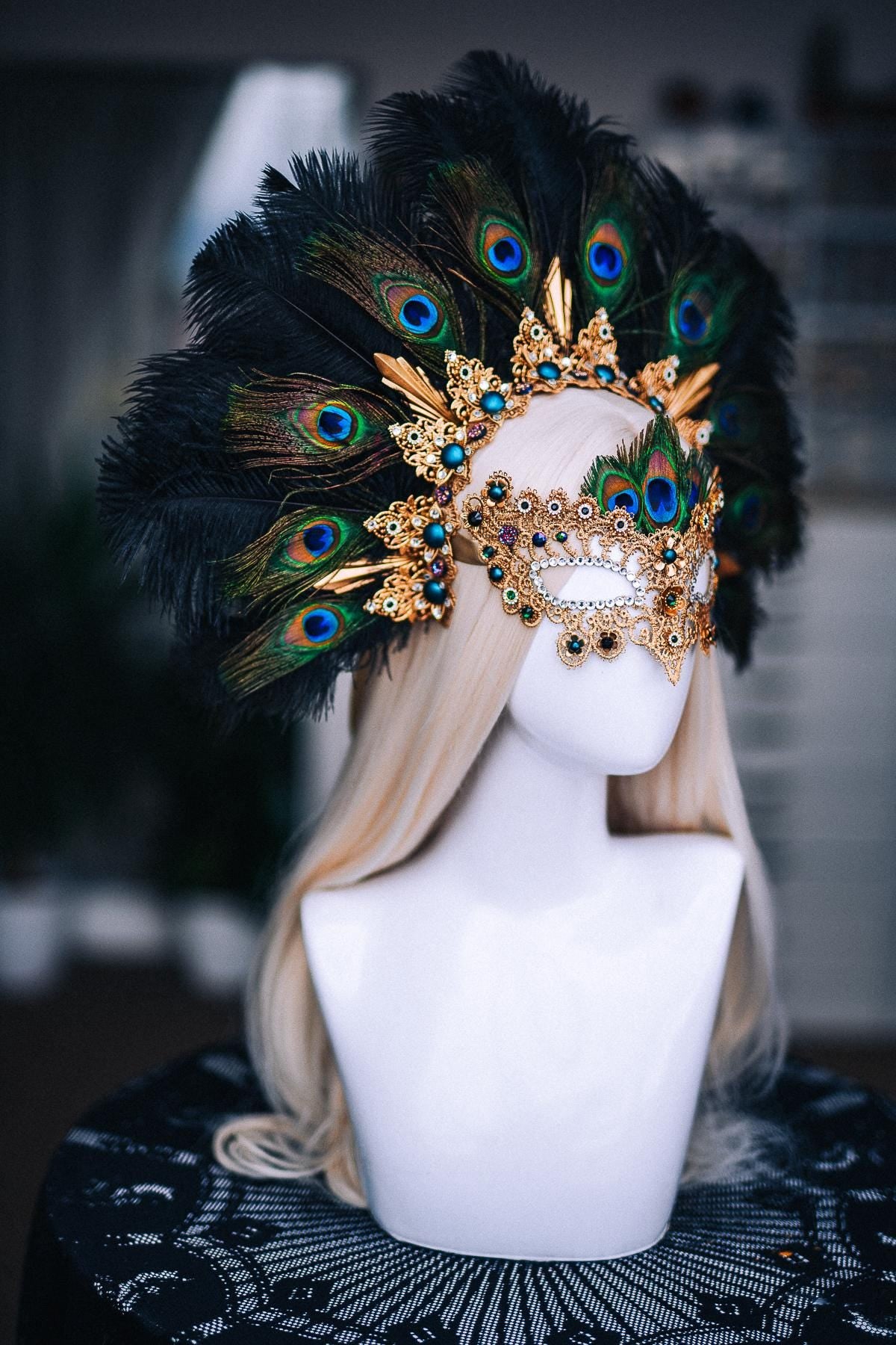 Peacock Feather Crown, Gold Masquerade Crown, Venetian Carnival Headpiece, Baroque Fantasy Crown, Peacock Goddess Headdress