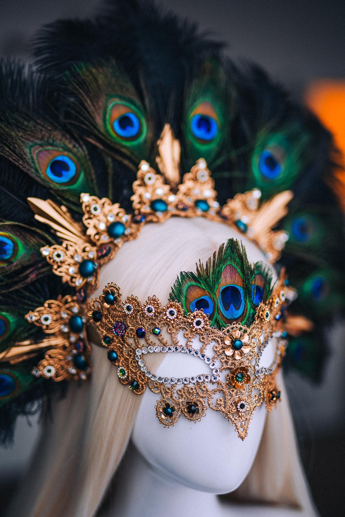 Peacock Feather Crown, Gold Masquerade Crown, Venetian Carnival Headpiece, Baroque Fantasy Crown, Peacock Goddess Headdress