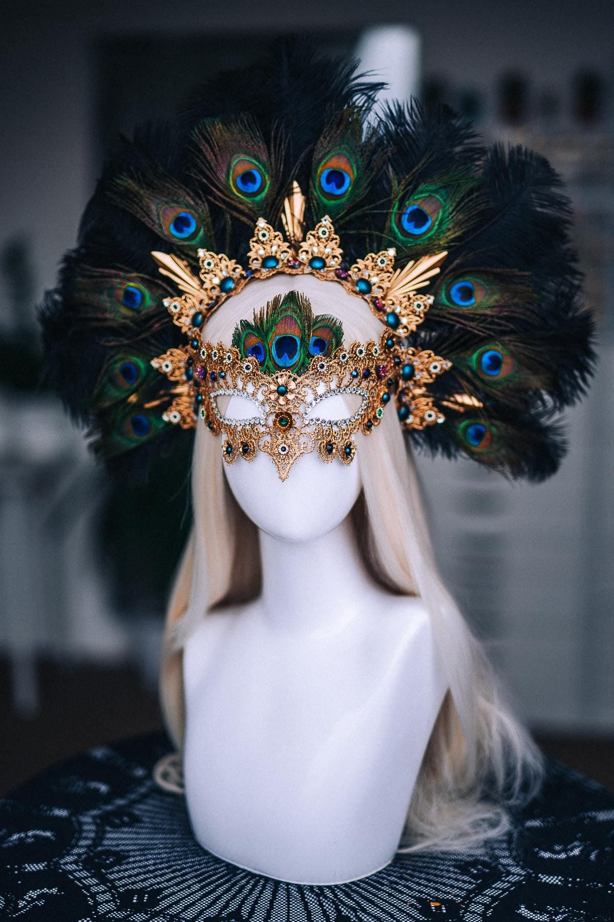 Peacock Feather Crown, Gold Masquerade Crown, Venetian Carnival Headpiece, Baroque Fantasy Crown, Peacock Goddess Headdress