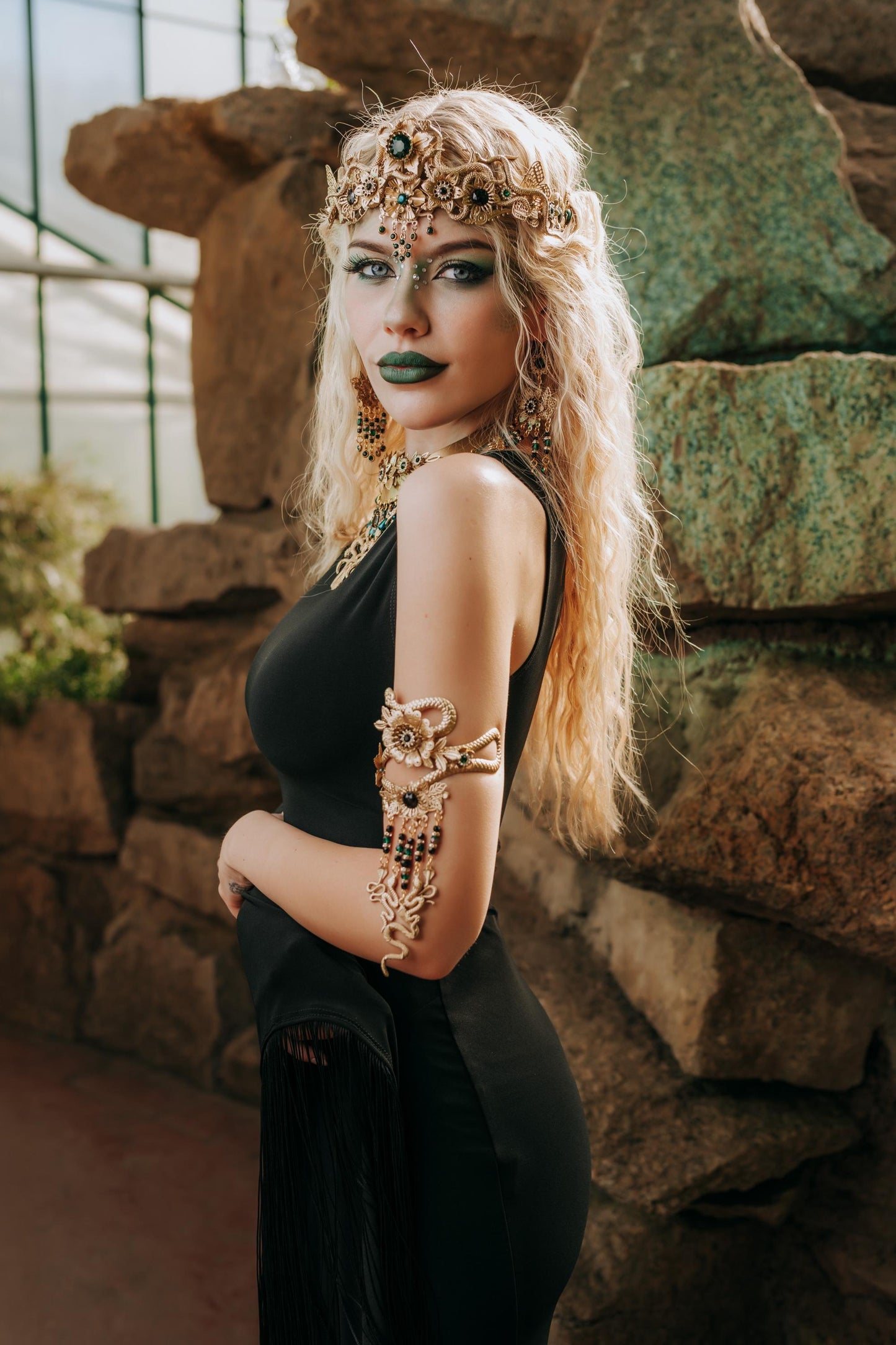 Medusa Earrings, Gold Snake Earrings, Emerald Goddess Jewelry, Greek Mythology Earrings, Medusa Costume Jewelry
