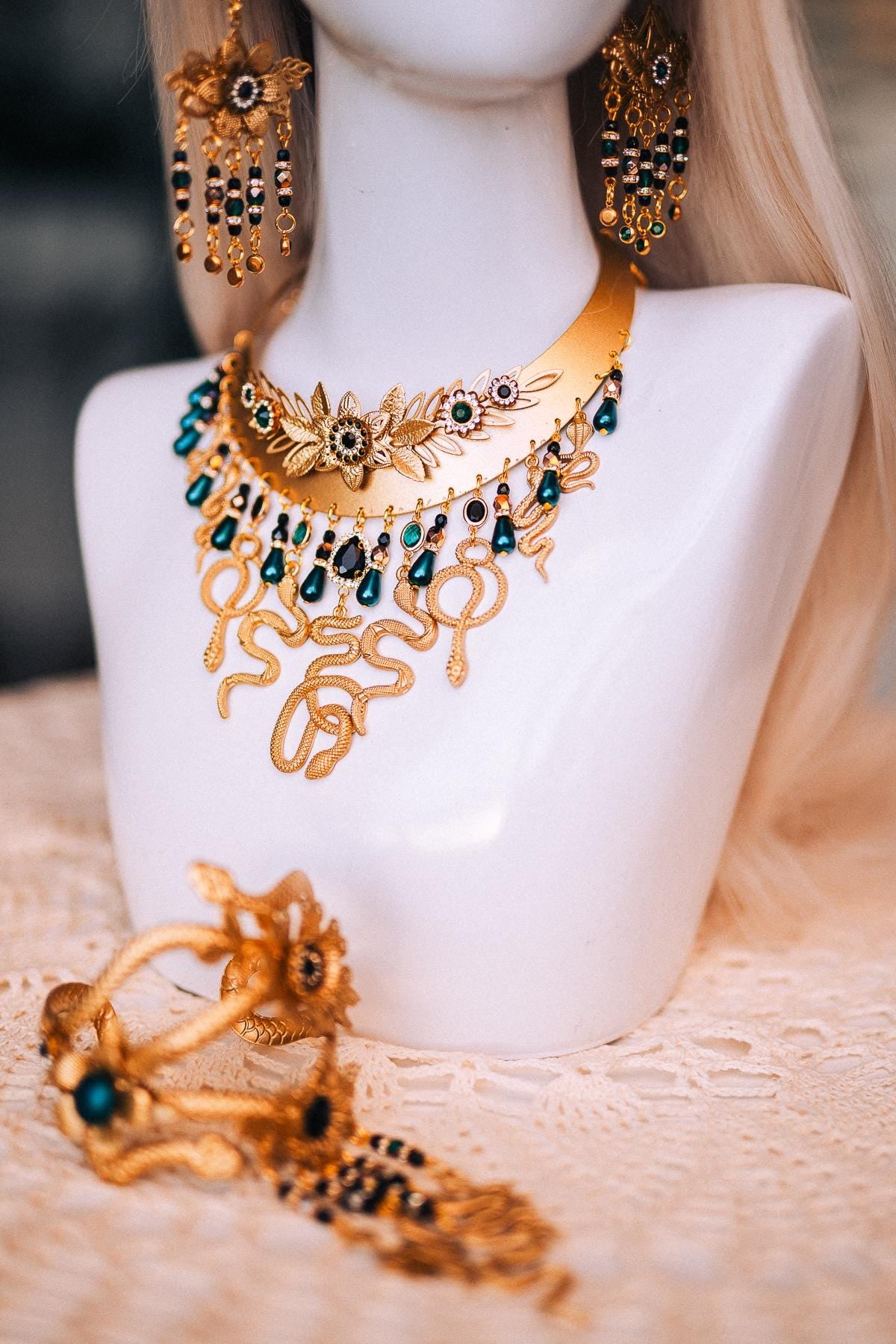 Medusa Necklace, Gold Snake Necklace, Greek Goddess Jewelry, Emerald Serpent Necklace, Medusa Costume Jewelry