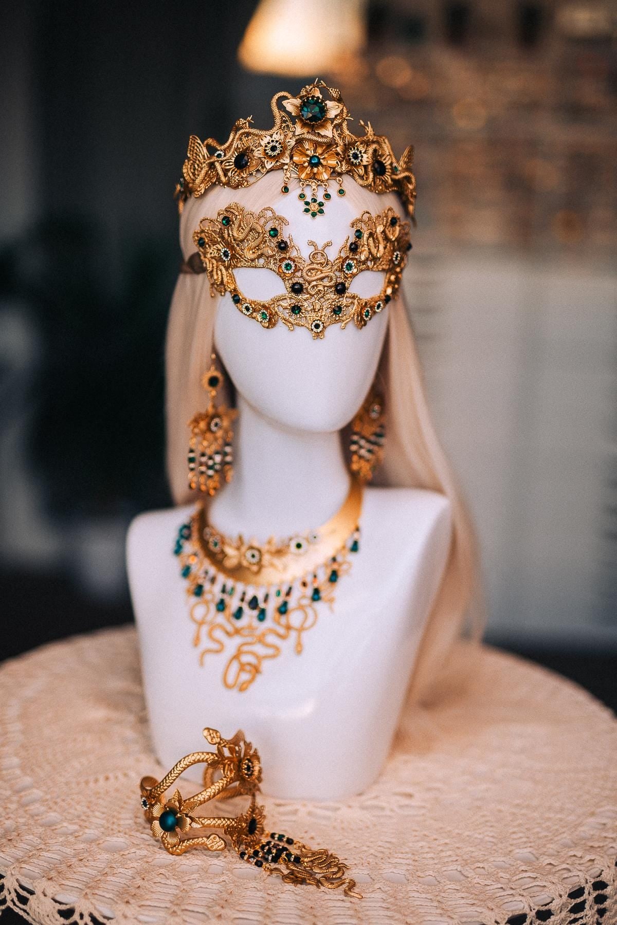 Medusa Masquerade Mask, Gold Snake Mask, Emerald Goddess Mask, Greek Mythology Mask, Medusa Costume Accessory