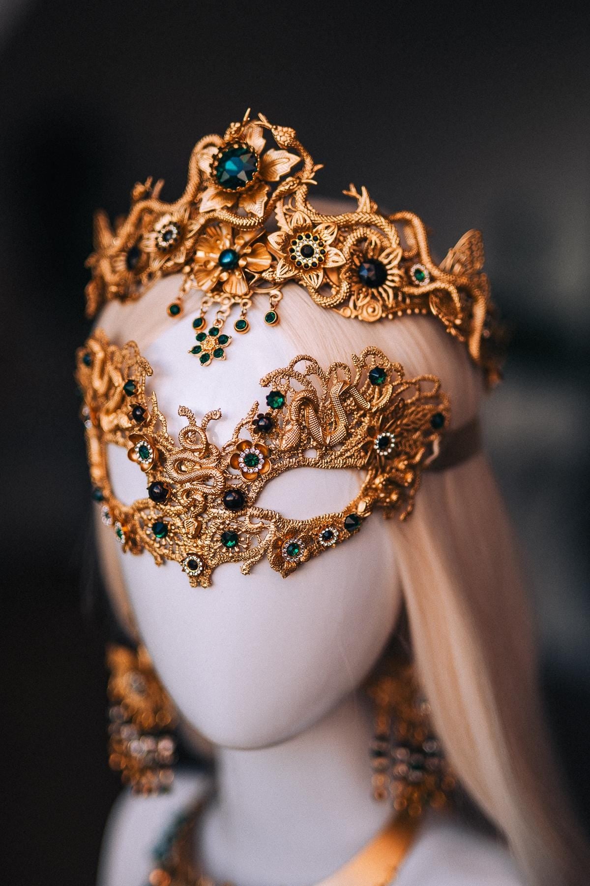 Medusa Masquerade Mask, Gold Snake Mask, Emerald Goddess Mask, Greek Mythology Mask, Medusa Costume Accessory