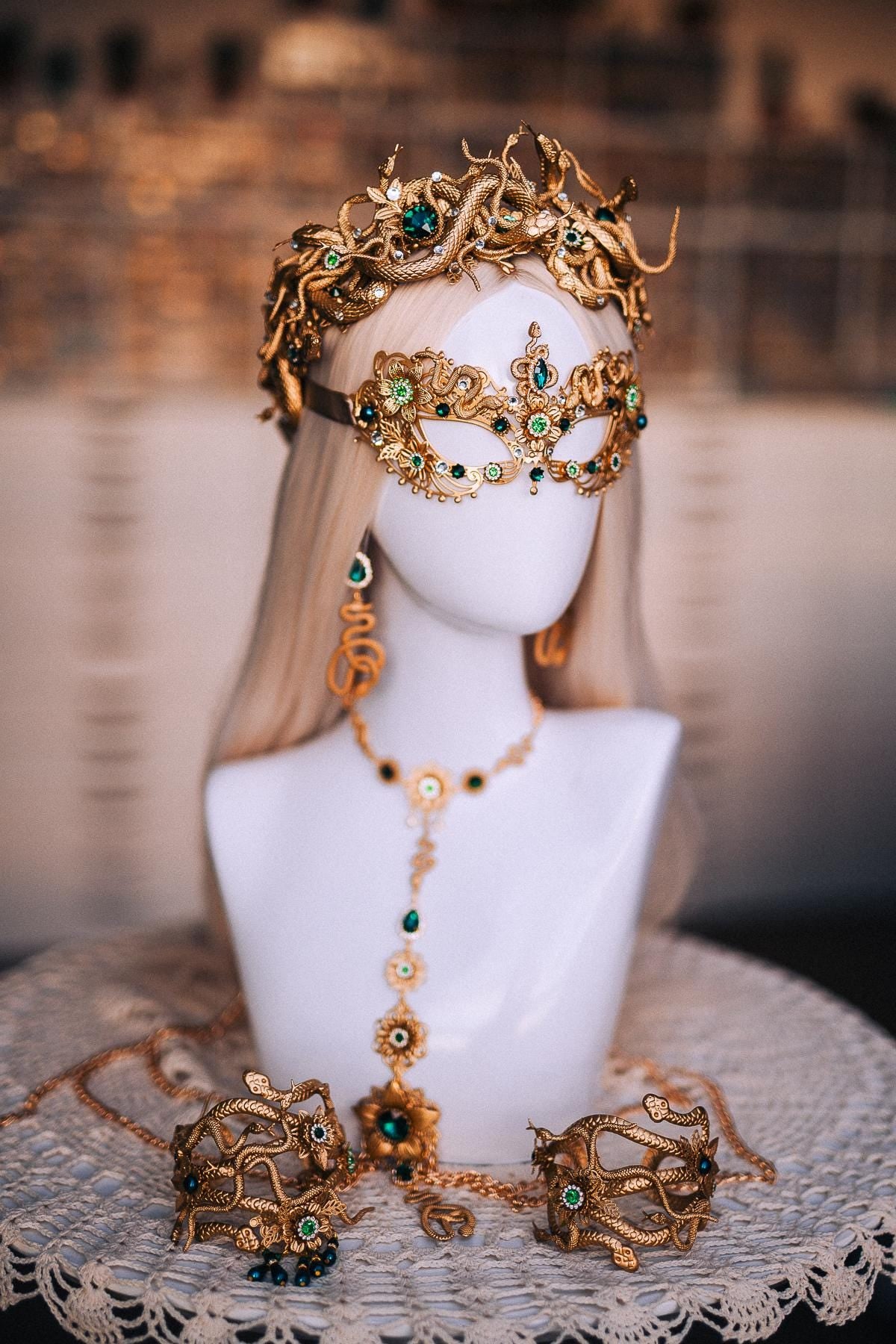Medusa Snake Earrings, Gold Serpent Earrings, Emerald Goddess Jewelry, Greek Goddess Earrings, Medusa Costume Jewelry