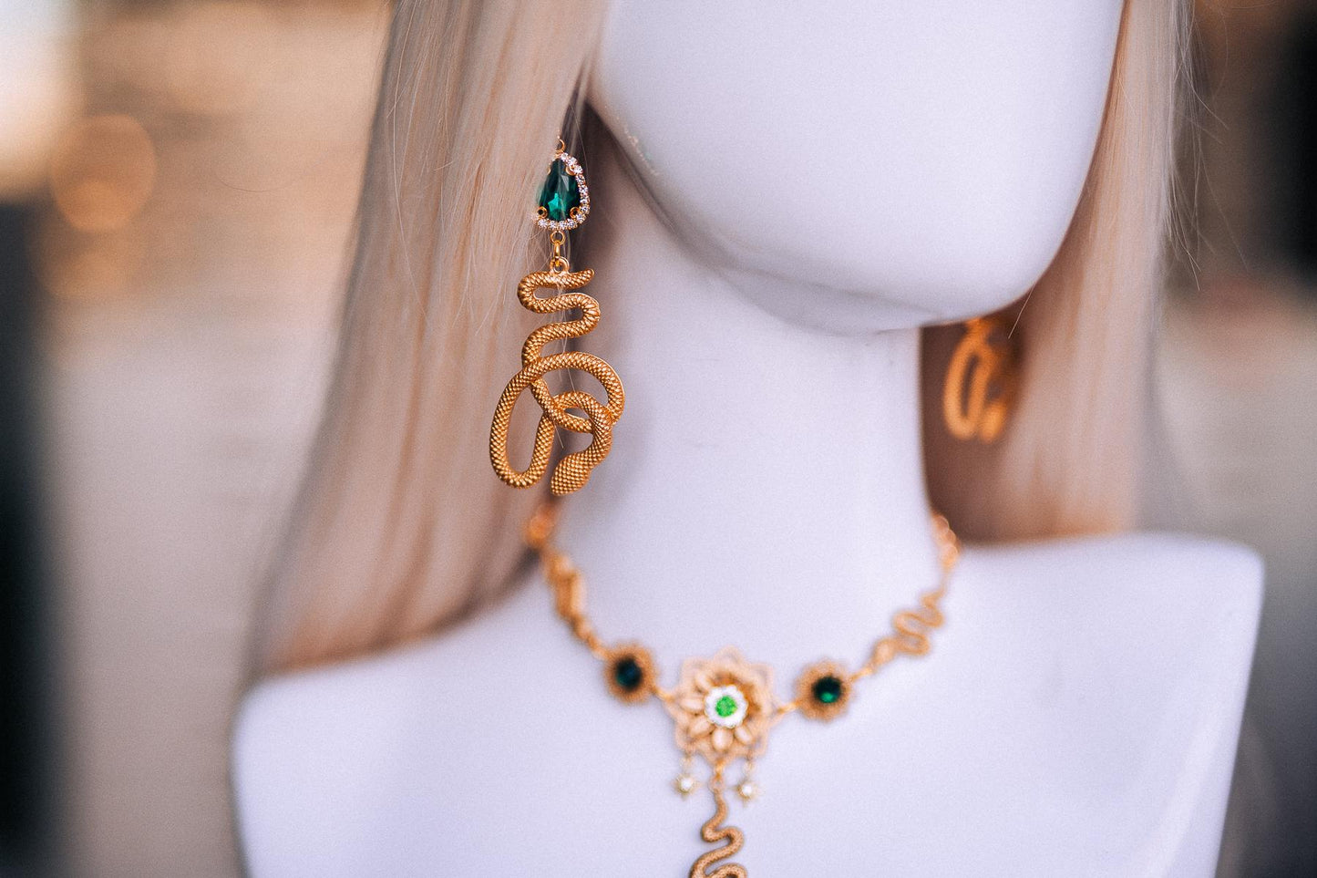 Medusa Snake Earrings, Gold Serpent Earrings, Emerald Goddess Jewelry, Greek Goddess Earrings, Medusa Costume Jewelry