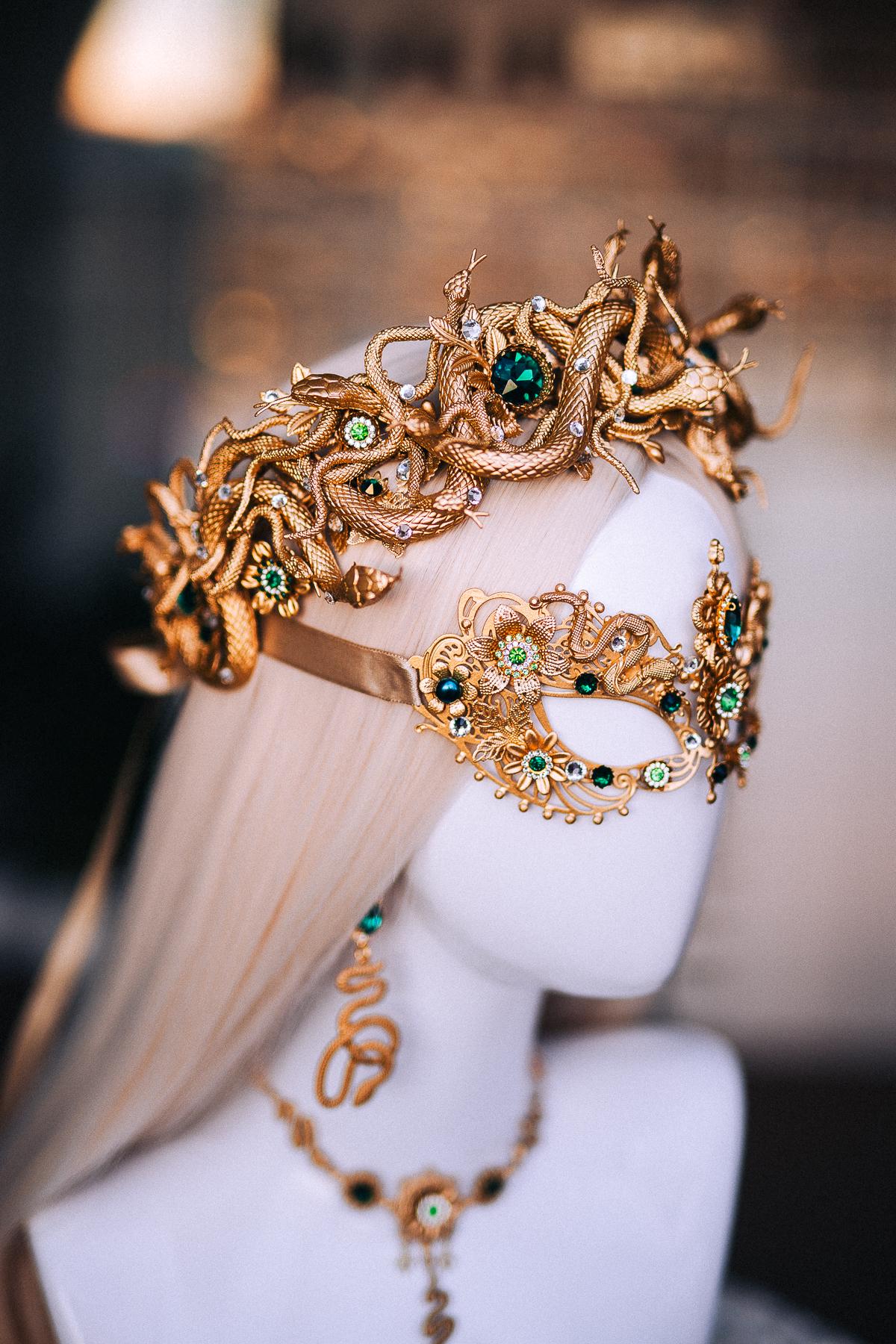 Medusa Snake Earrings, Gold Serpent Earrings, Emerald Goddess Jewelry, Greek Goddess Earrings, Medusa Costume Jewelry
