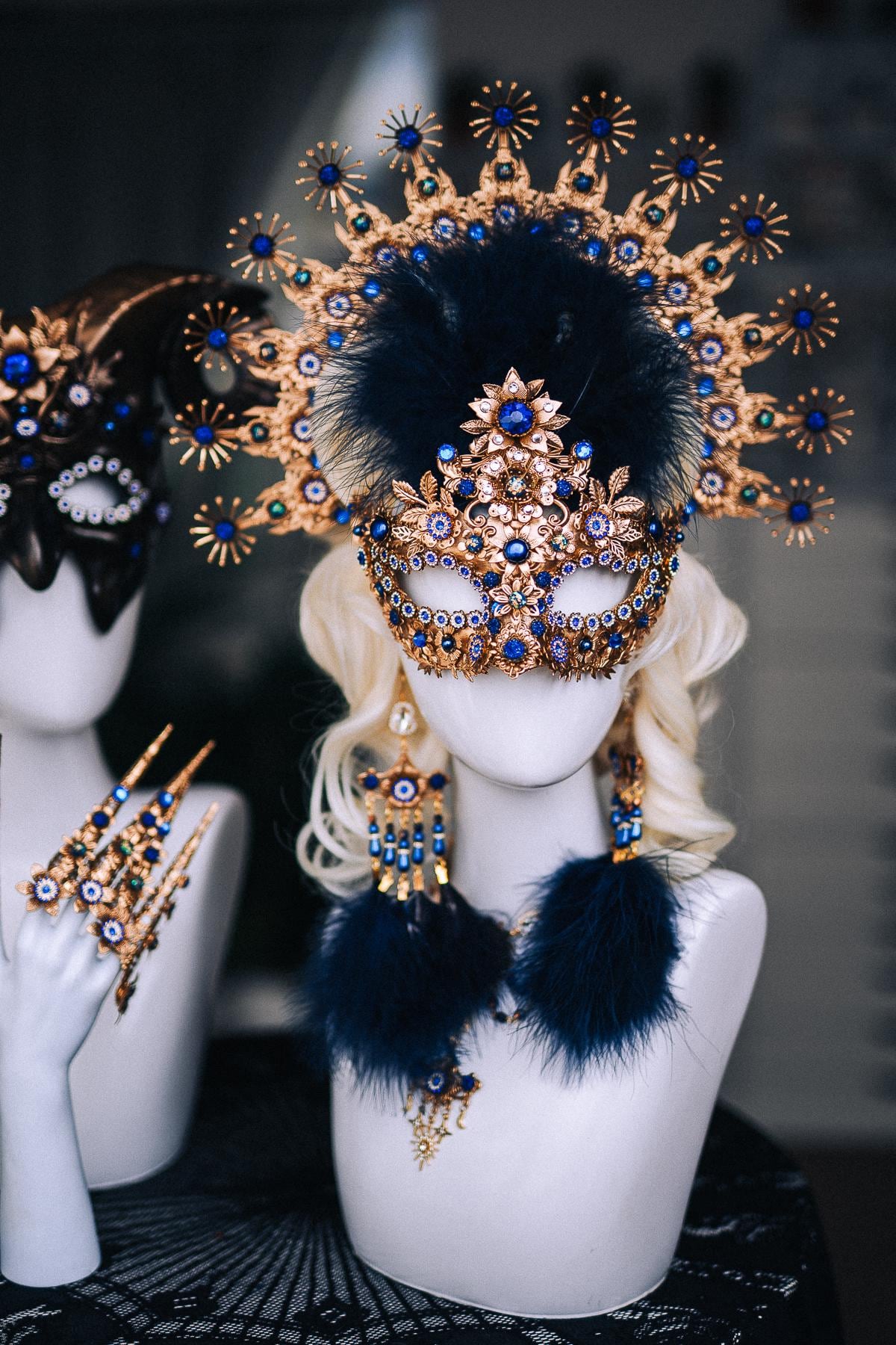 Gold Blue Feather Earrings, Masquerade Earrings, Royal Blue Statement Jewelry, Venetian Ball Accessories, Fantasy Earrings