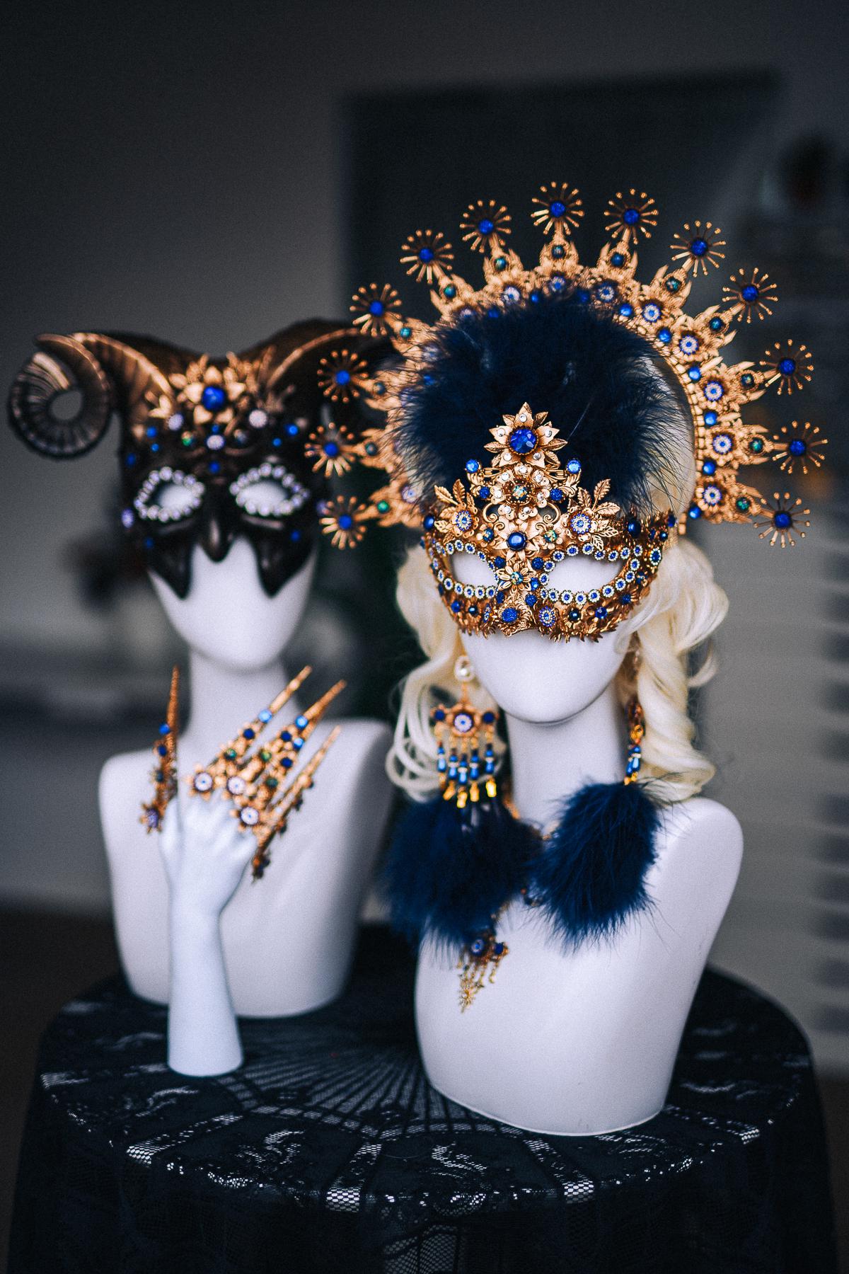 Gold Blue Feather Earrings, Masquerade Earrings, Royal Blue Statement Jewelry, Venetian Ball Accessories, Fantasy Earrings