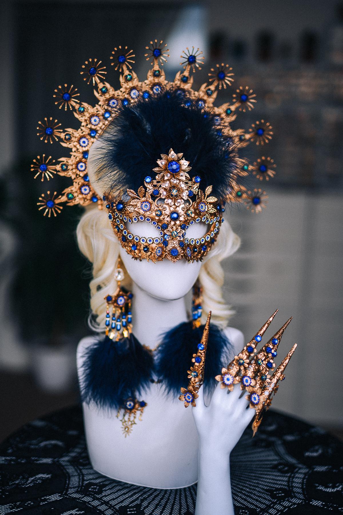 Gold Blue Feather Earrings, Masquerade Earrings, Royal Blue Statement Jewelry, Venetian Ball Accessories, Fantasy Earrings