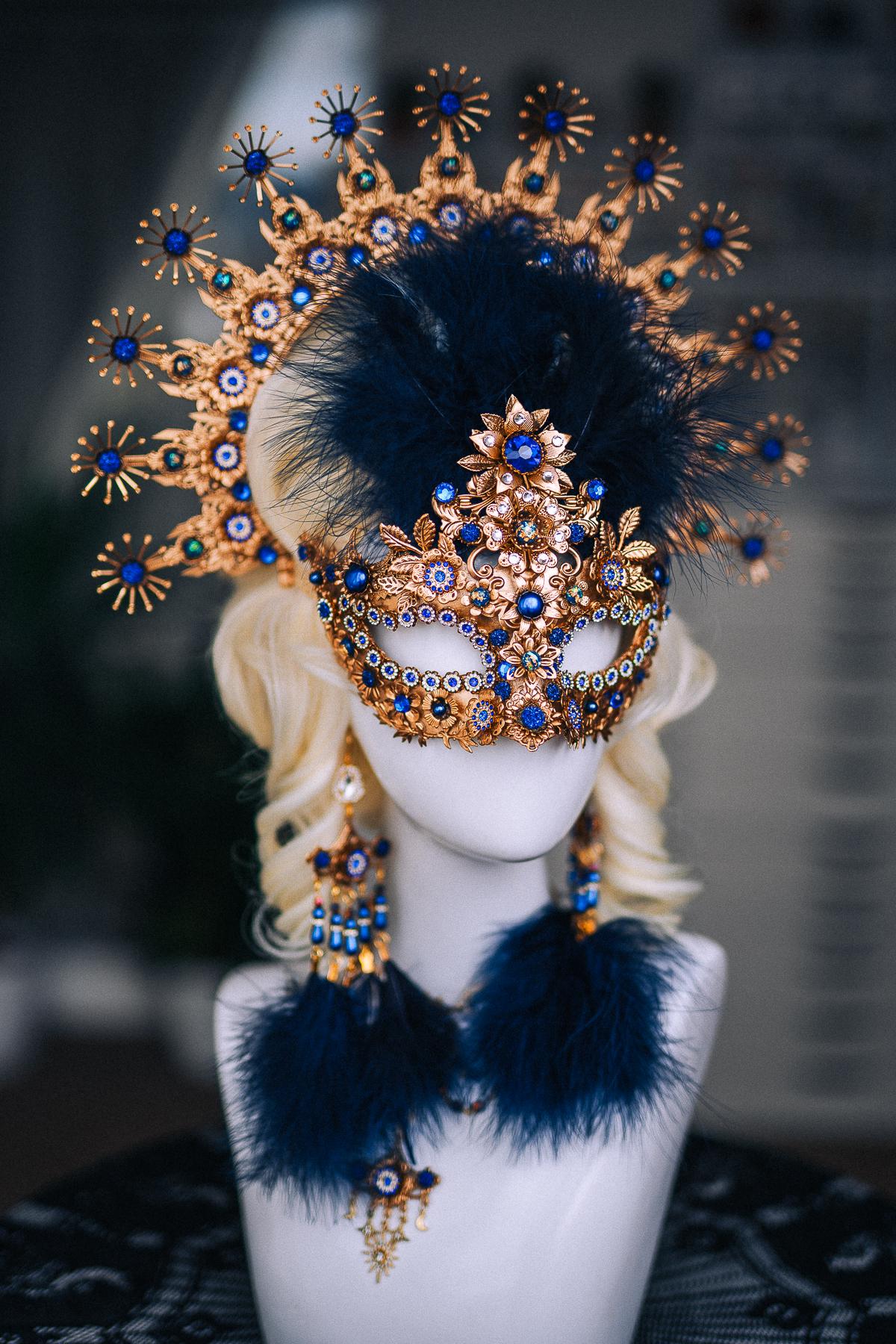 Gold Blue Feather Earrings, Masquerade Earrings, Royal Blue Statement Jewelry, Venetian Ball Accessories, Fantasy Earrings