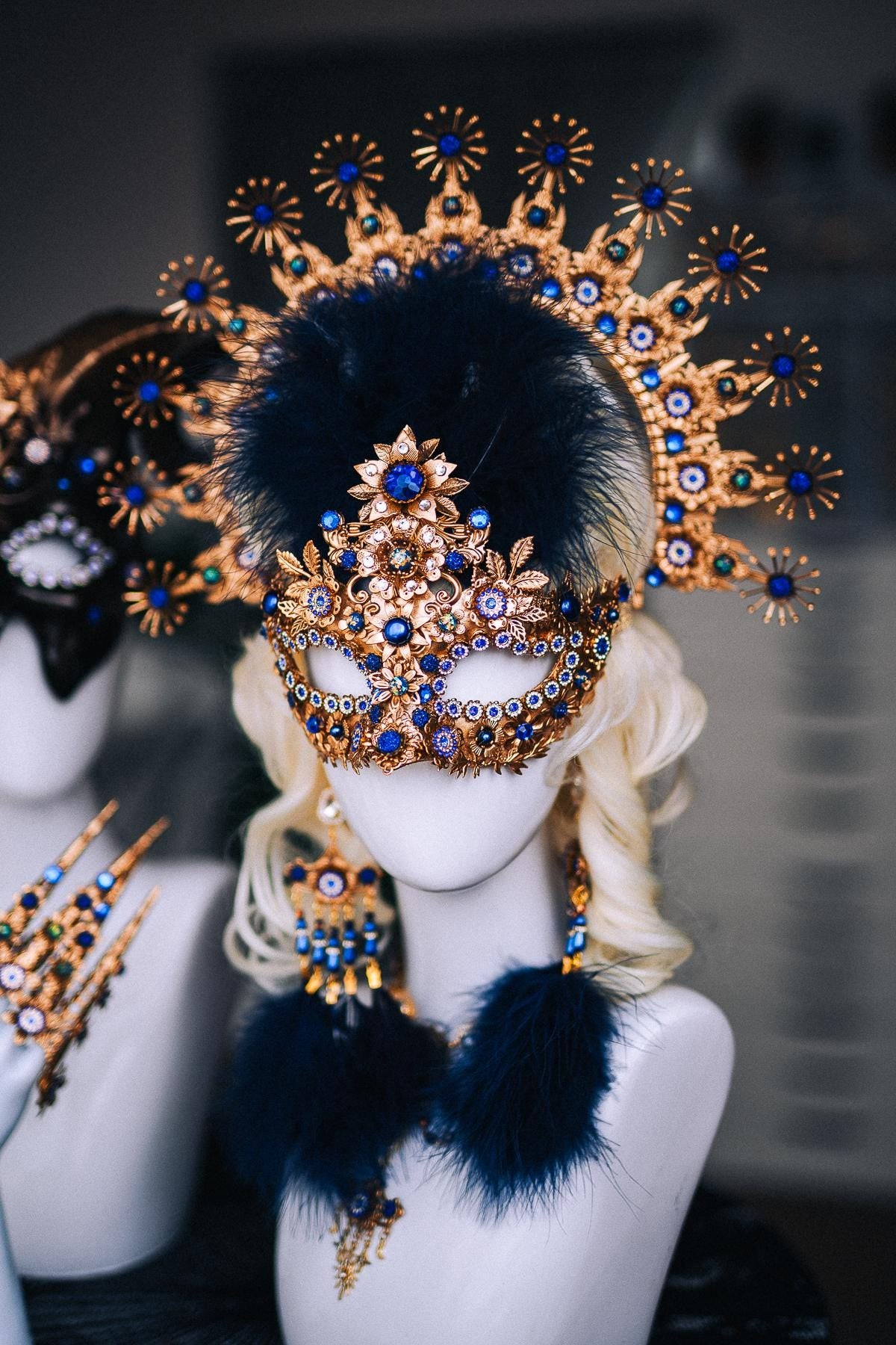 Gold Blue Statement Necklace, Royal Blue Baroque Jewelry, Venetian Masquerade Necklace, Celestial Necklace, Fantasy Costume Jewelry