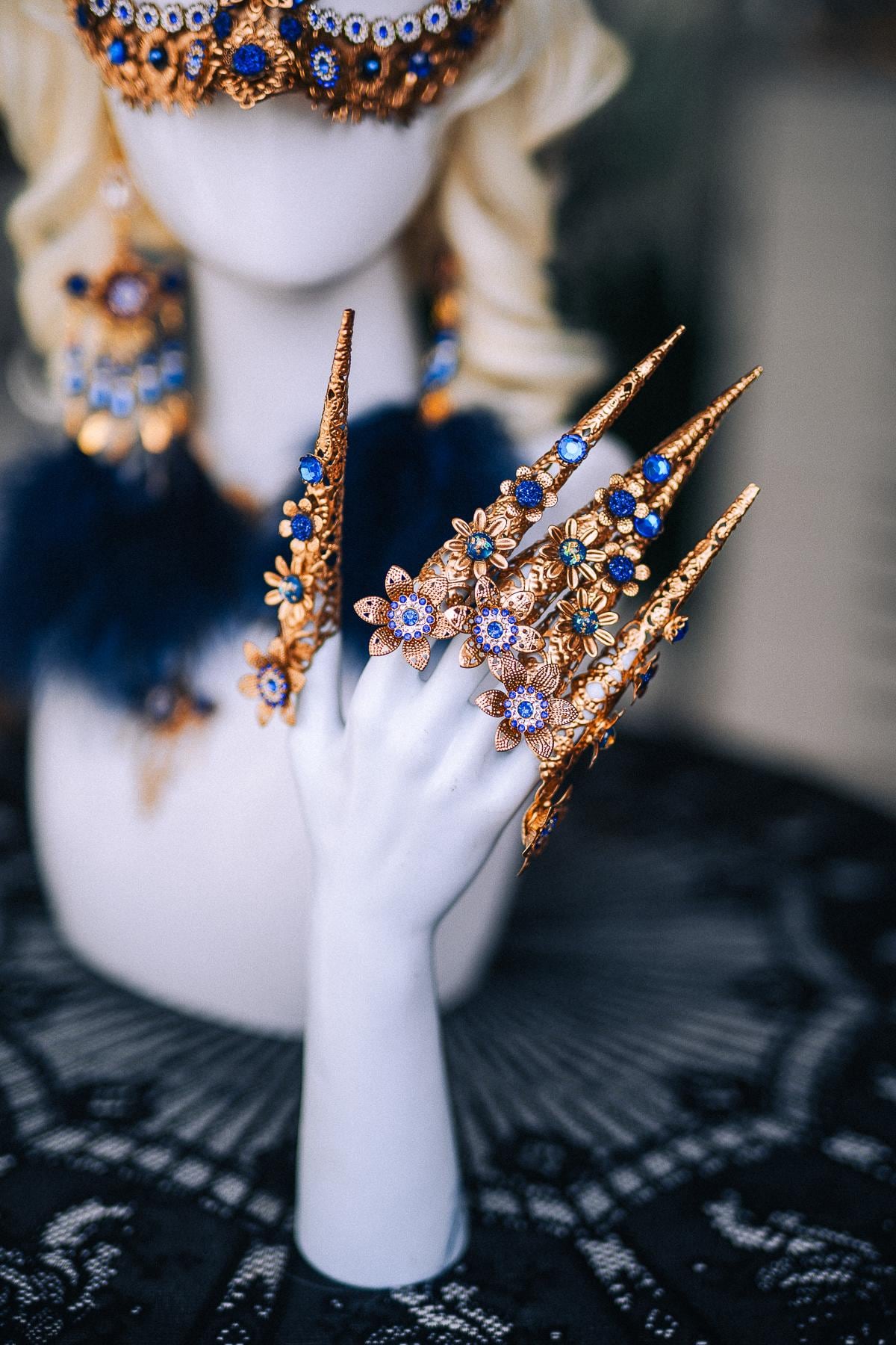 Gold Halo Crown, Royal Blue Masquerade Headpiece, Baroque Sunburst Crown, Venetian Ball Crown, Fantasy Goddess Headdress