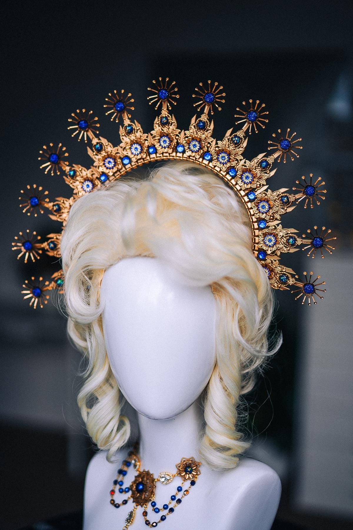 Gold Halo Crown, Royal Blue Masquerade Headpiece, Baroque Sunburst Crown, Venetian Ball Crown, Fantasy Goddess Headdress