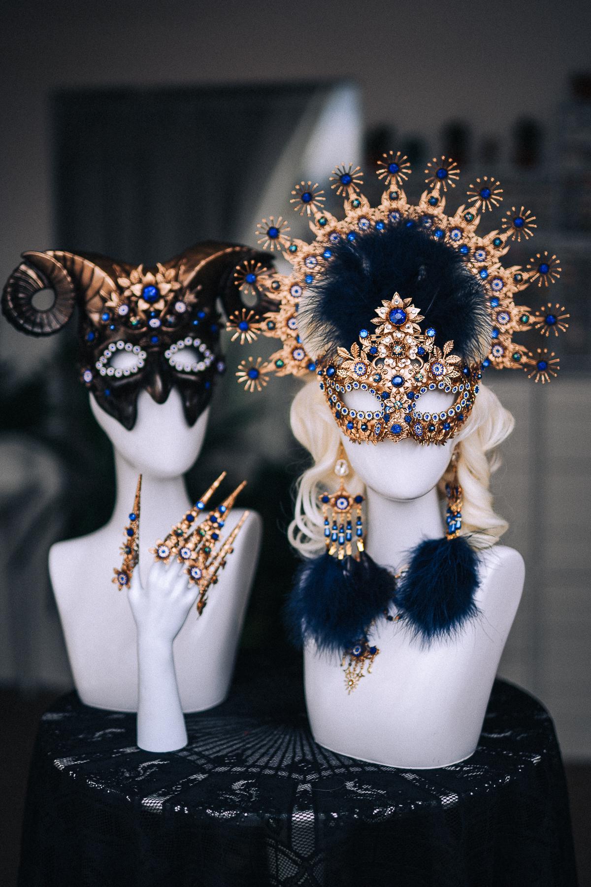 Gold Halo Crown, Royal Blue Masquerade Headpiece, Baroque Sunburst Crown, Venetian Ball Crown, Fantasy Goddess Headdress