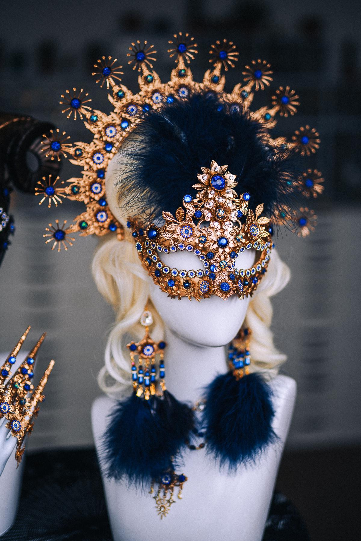 Gold Halo Crown, Royal Blue Masquerade Headpiece, Baroque Sunburst Crown, Venetian Ball Crown, Fantasy Goddess Headdress