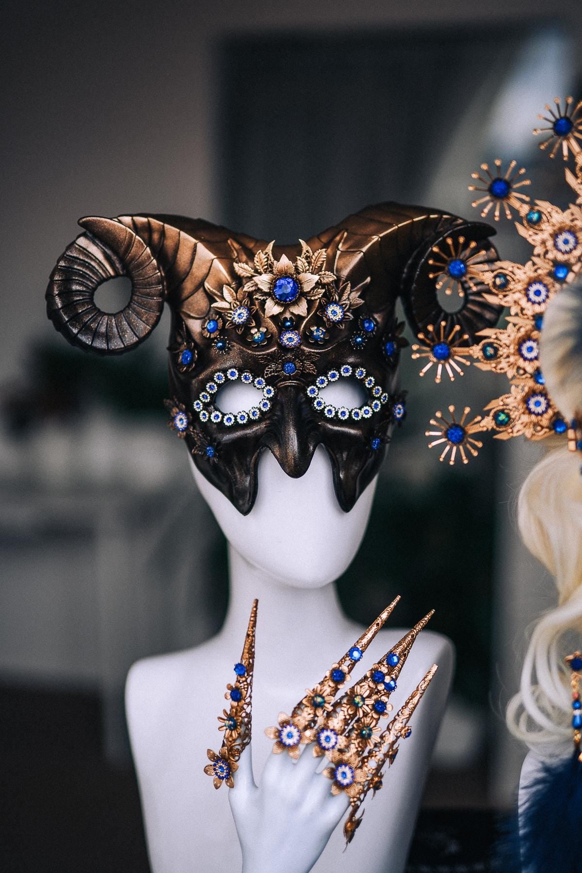 Gold Masquerade Mask, Royal Blue Venetian Mask, Baroque Feather Eye Mask, Luxury Masquerade Ball Costume, Fantasy Goddess Mask