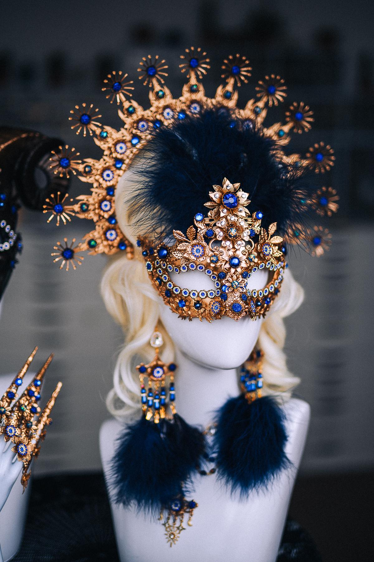Gold Masquerade Mask, Royal Blue Venetian Mask, Baroque Feather Eye Mask, Luxury Masquerade Ball Costume, Fantasy Goddess Mask