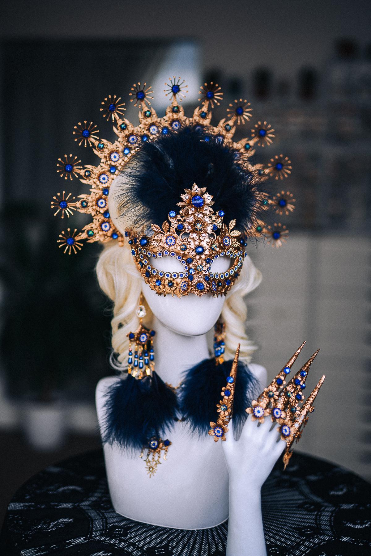 Gold Masquerade Mask, Royal Blue Venetian Mask, Baroque Feather Eye Mask, Luxury Masquerade Ball Costume, Fantasy Goddess Mask