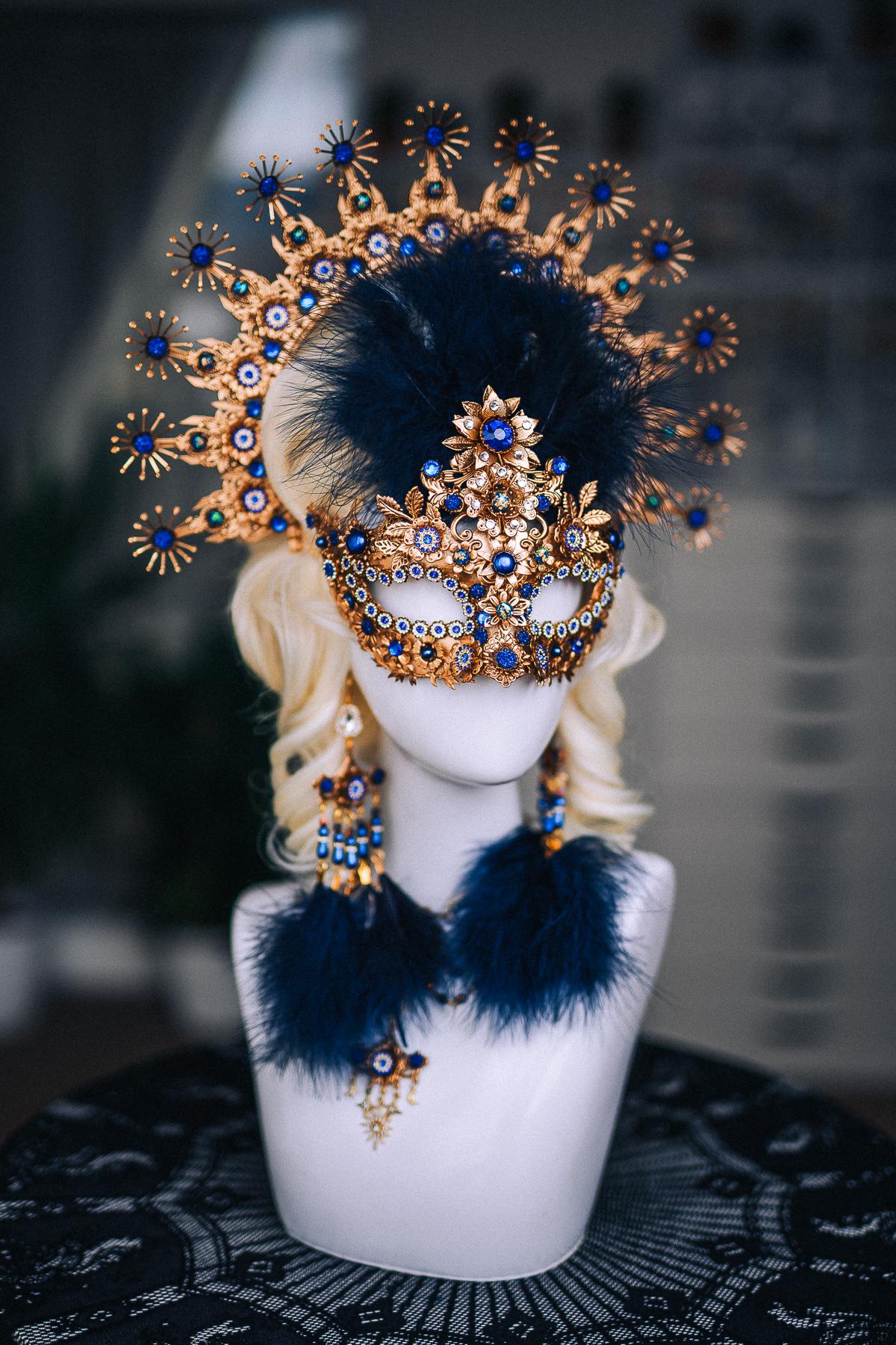 Gold Masquerade Mask, Royal Blue Venetian Mask, Baroque Feather Eye Mask, Luxury Masquerade Ball Costume, Fantasy Goddess Mask