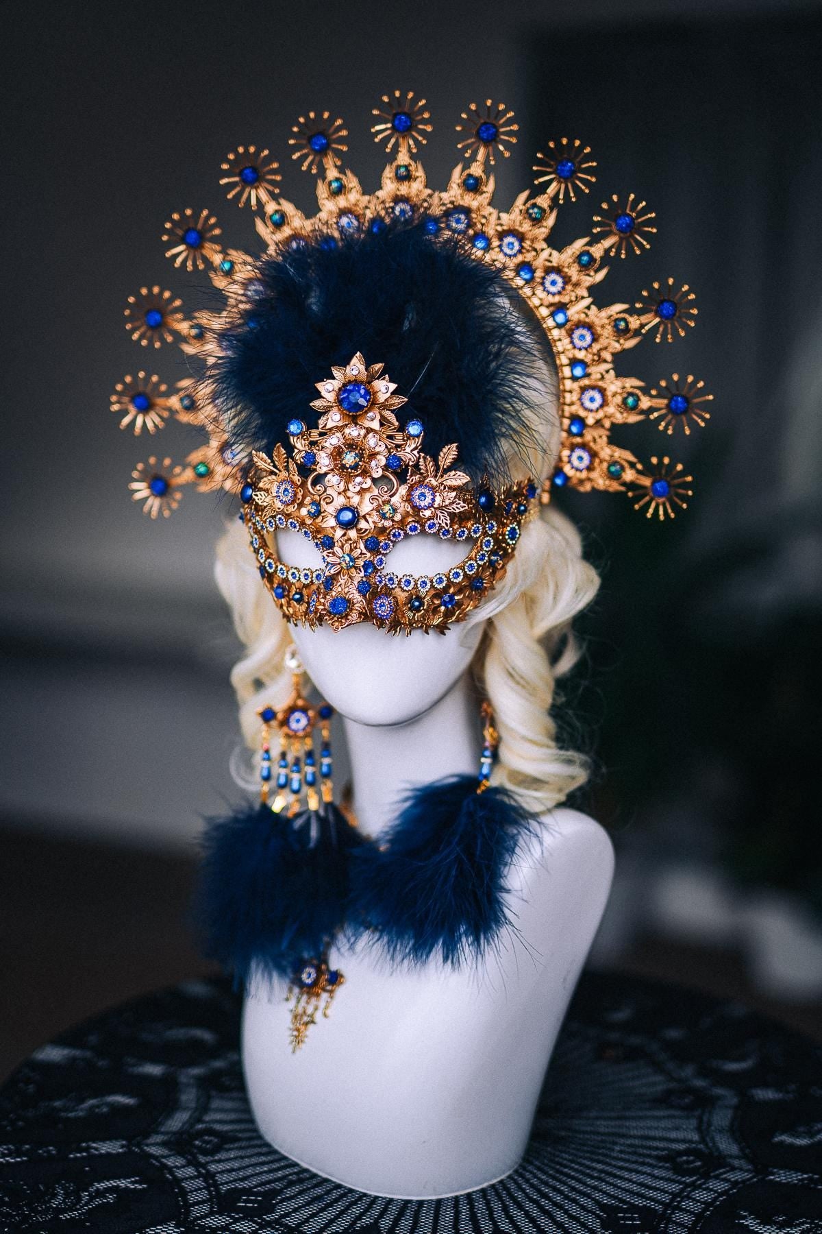 Gold Masquerade Mask, Royal Blue Venetian Mask, Baroque Feather Eye Mask, Luxury Masquerade Ball Costume, Fantasy Goddess Mask
