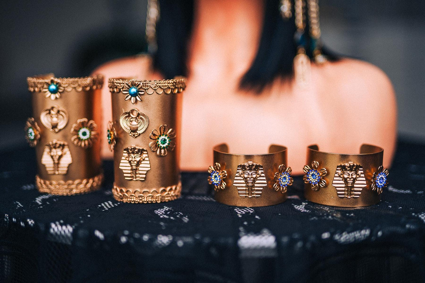 Cleopatra Wrist Cuffs Pair, Egyptian Gold Bracelets, Egyptian Queen Jewelry, Cleopatra Costume Accessories