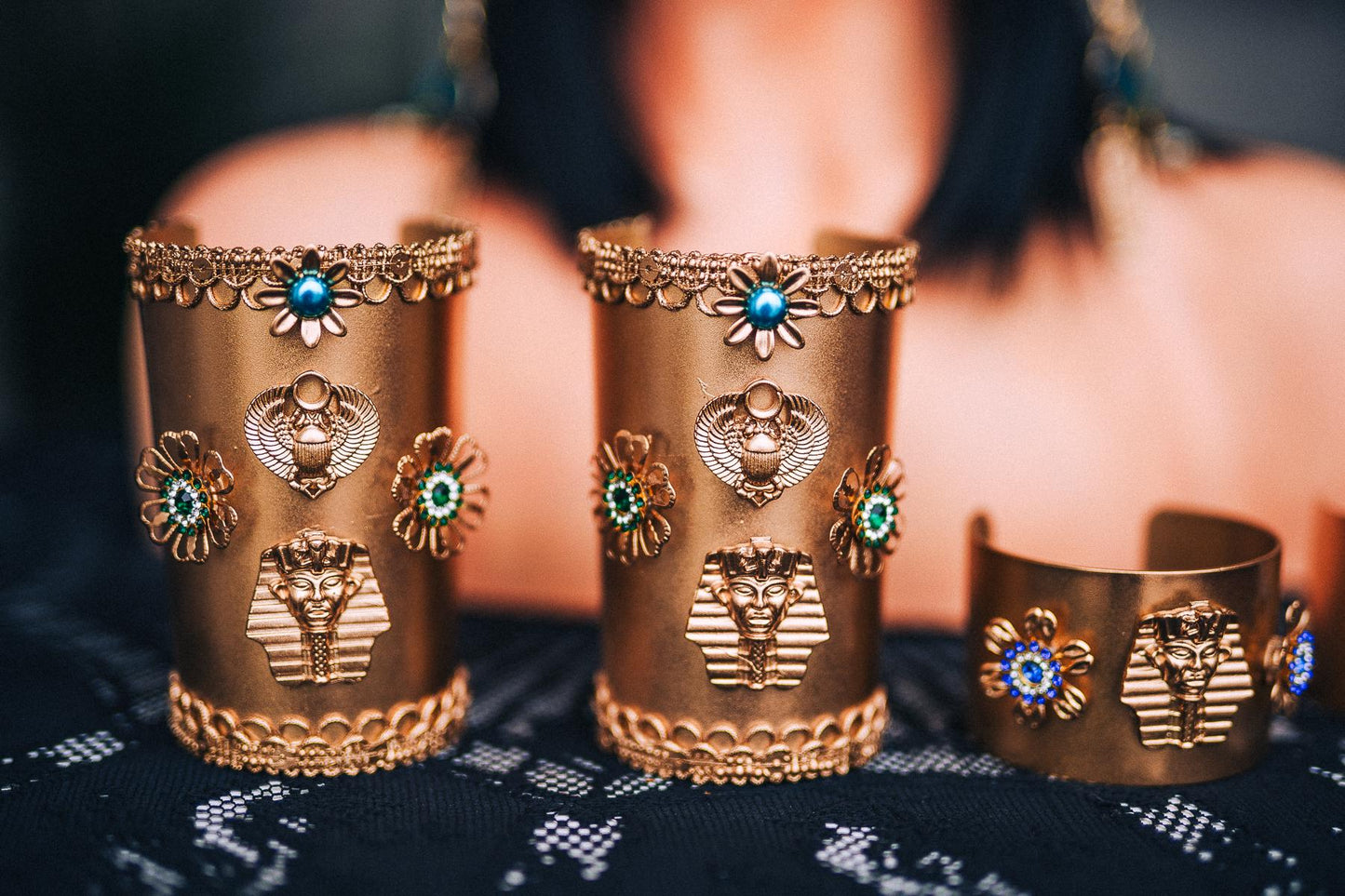 Cleopatra Wrist Cuffs Pair, Egyptian Gold Bracelets, Egyptian Queen Jewelry, Cleopatra Costume Accessories