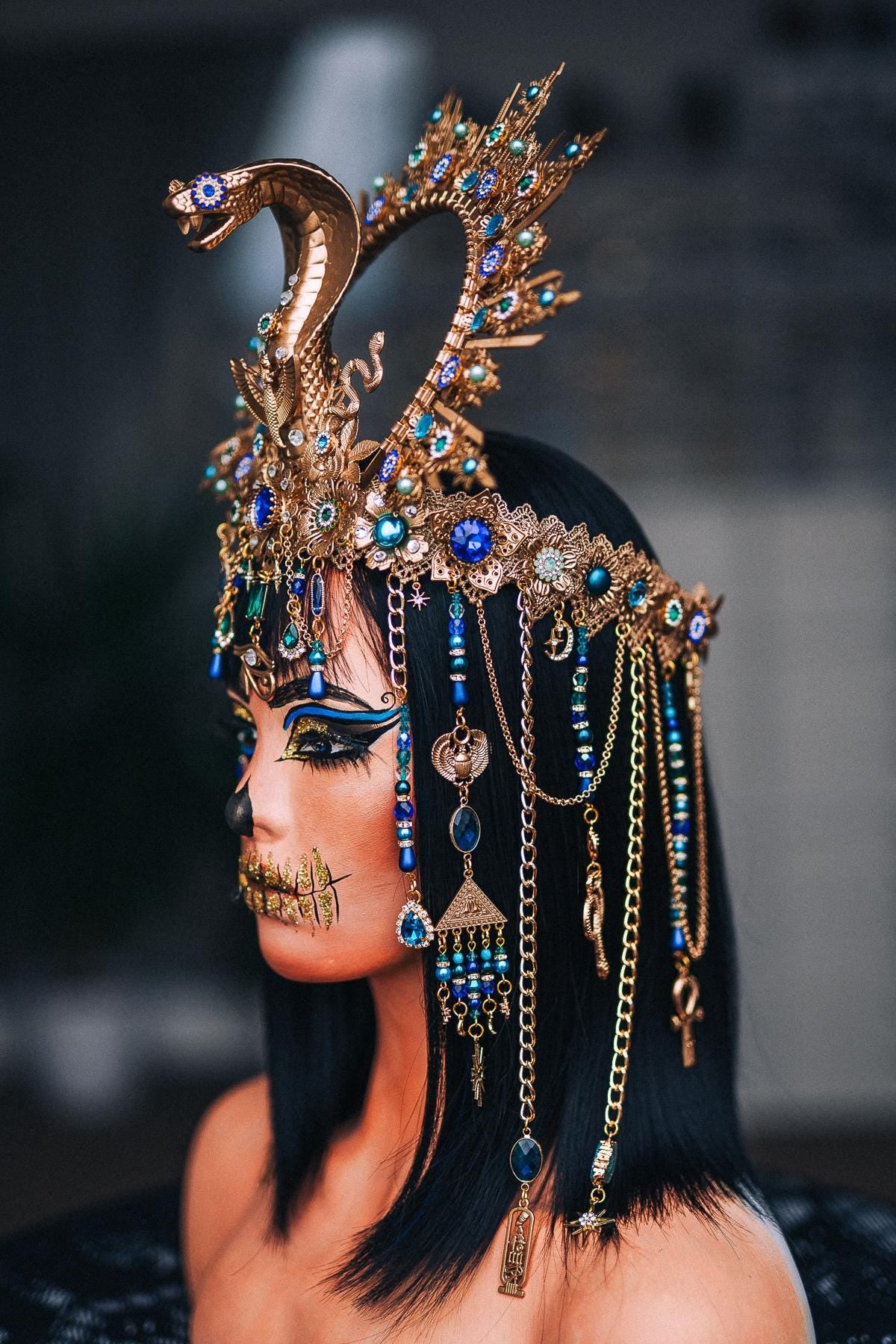 Cleopatra Upper Arm Cuffs, Egyptian Arm Bands, Gold Pharaoh Jewelry, Blue Green Goddess Cuffs, Egyptian Costume Accessories