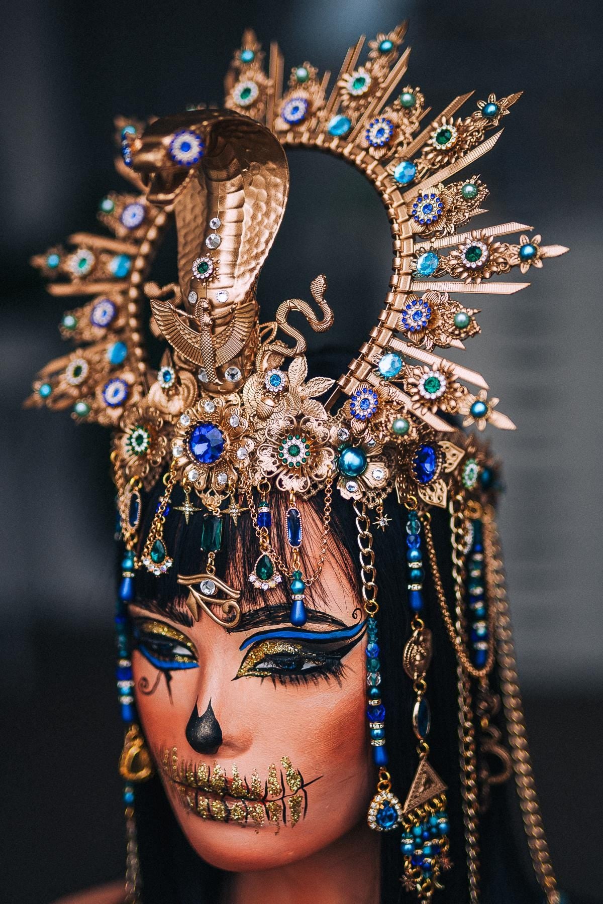 Cleopatra Cobra Crown, Egyptian Halo Crown, Gold Pharaoh Headpiece, Blue Green Goddess Headdress, Egyptian Queen Costume Crown