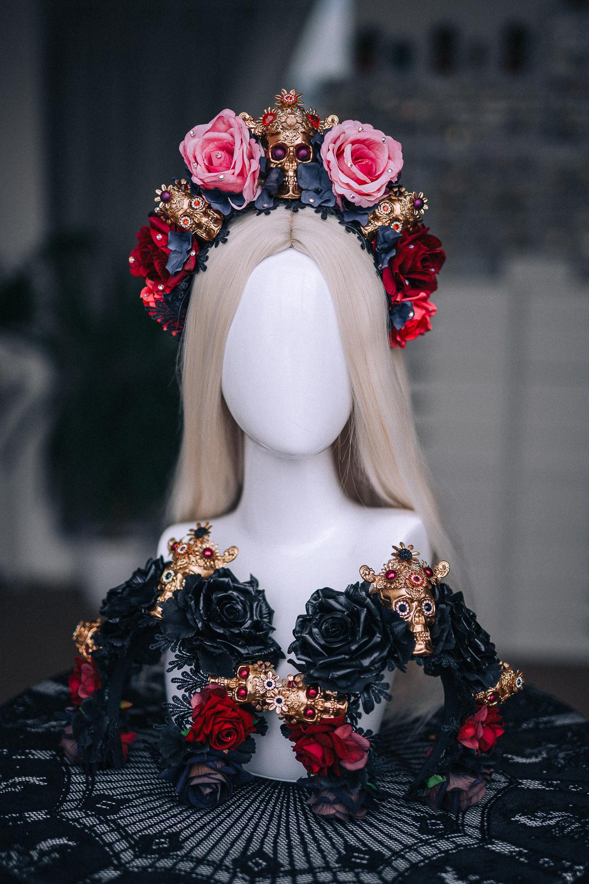 La Catrina Crown, Pink Black Rose Crown, Dia de los Muertos Headpiece, Gold Skull Flower Crown, Catrina Headpiece