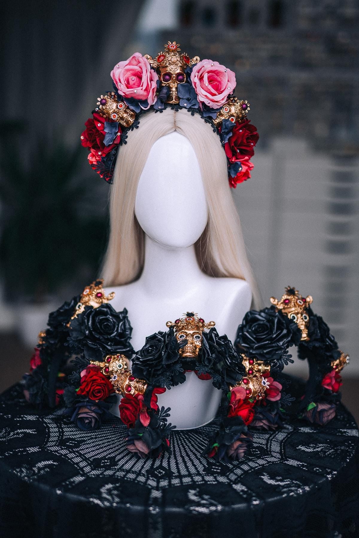 La Catrina Crown, Burgundy Black Rose Crown, Dia de los Muertos Headpiece, Gold Skull Flower Crown, Catrina Headpiece