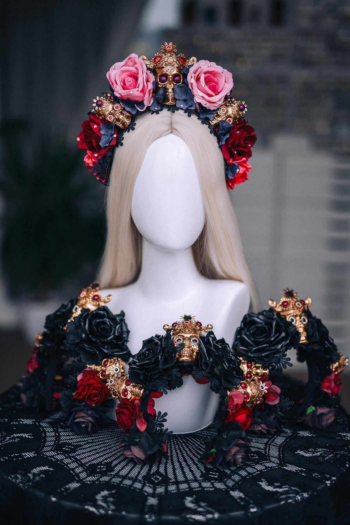La Catrina Crown, Pink Black Rose Crown, Dia de los Muertos Headpiece, Gold Skull Flower Crown, Catrina Headpiece