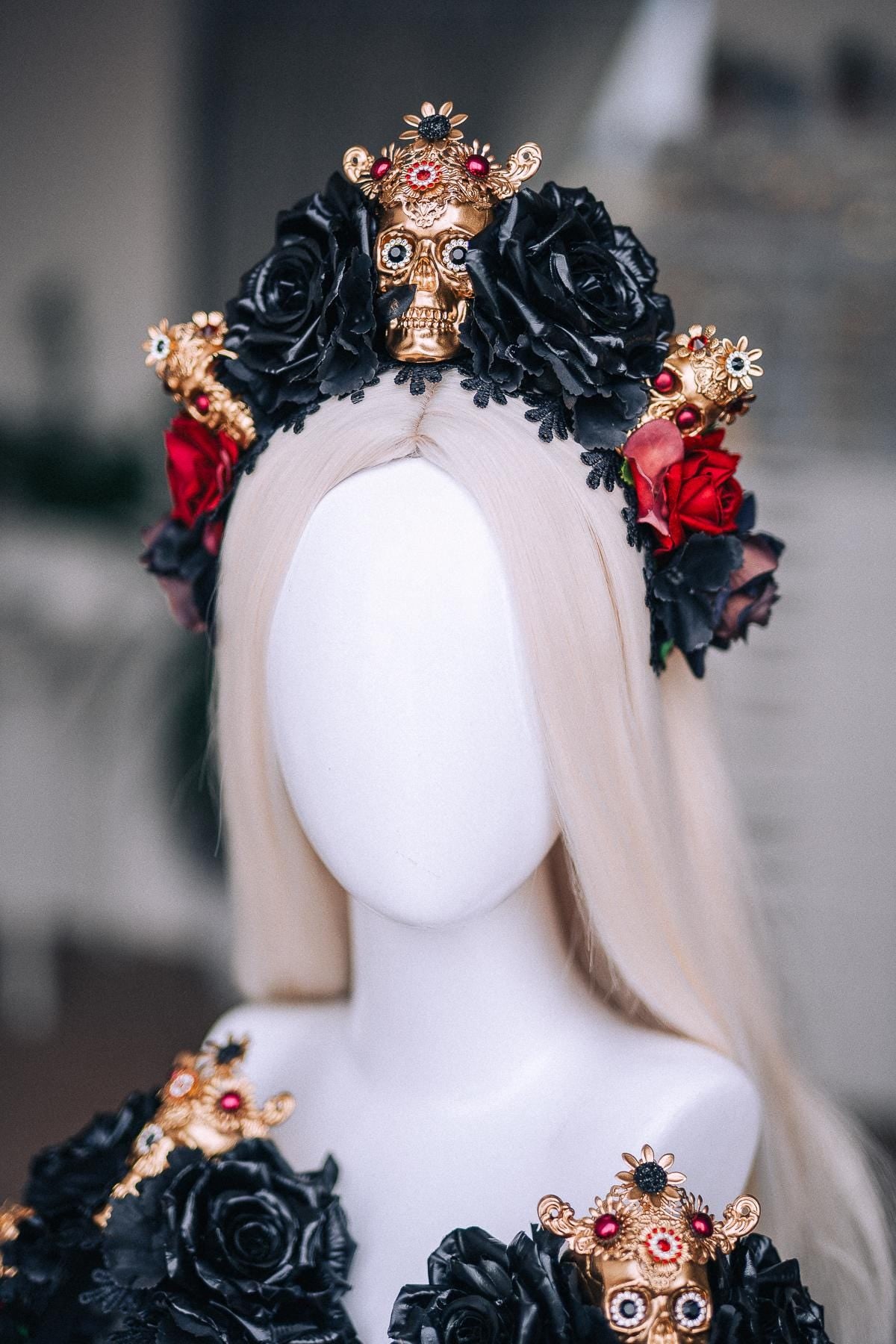 La Catrina Crown, Burgundy Black Rose Crown, Dia de los Muertos Headpiece, Gold Skull Flower Crown, Catrina Headpiece
