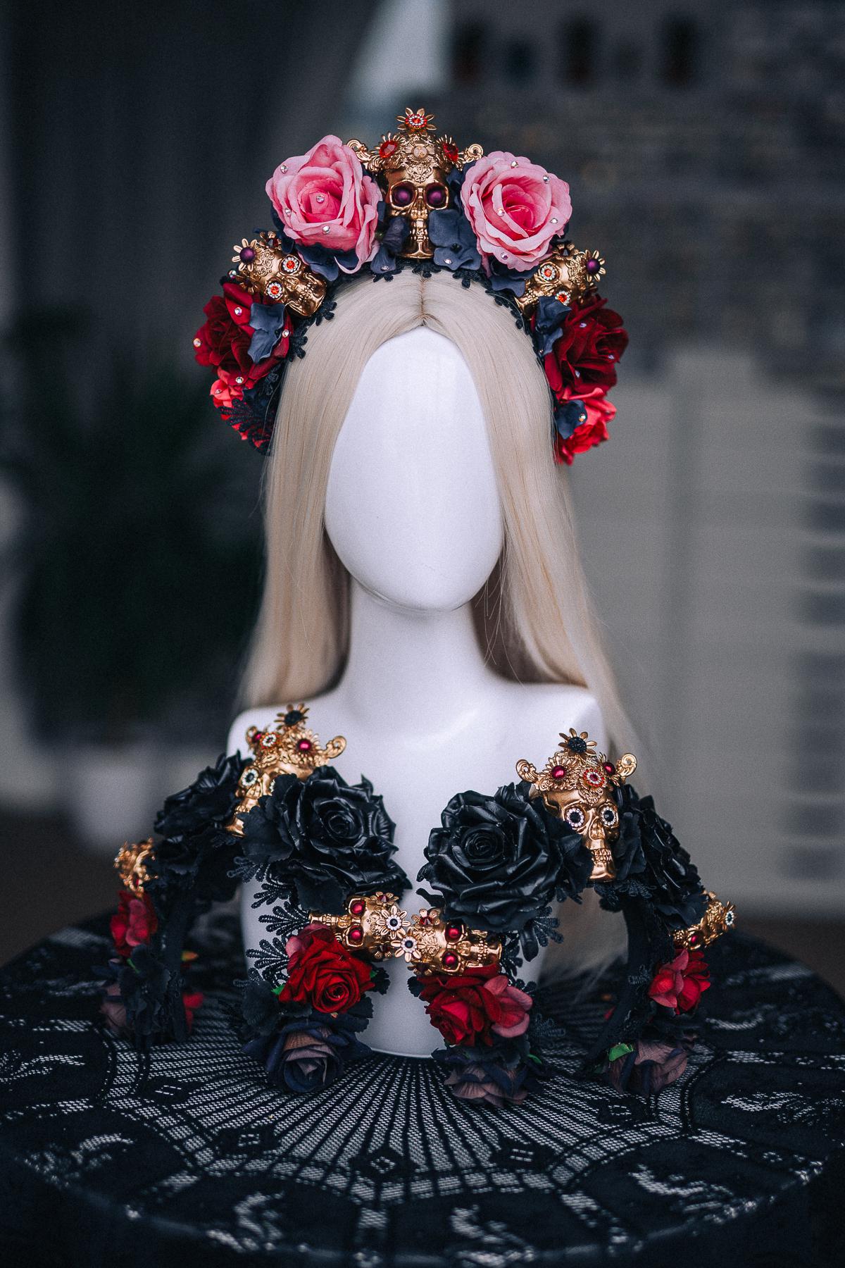 La Catrina Crown, Pink Black Rose Crown, Dia de los Muertos Headpiece, Gold Skull Flower Crown, Catrina Headpiece