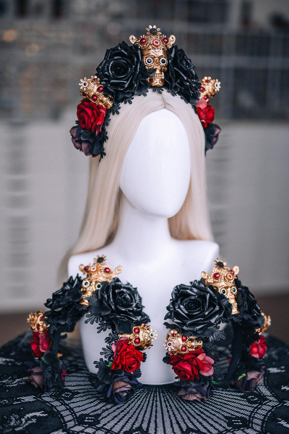 La Catrina Crown, Burgundy Black Rose Crown, Dia de los Muertos Headpiece, Gold Skull Flower Crown, Catrina Headpiece