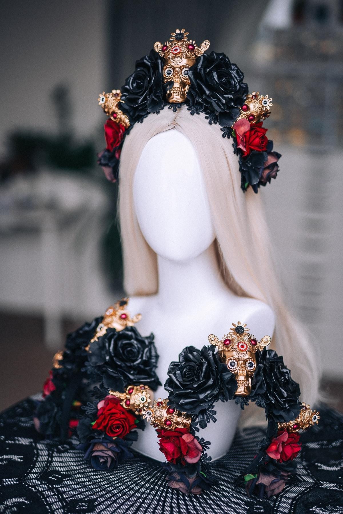 La Catrina Crown, Burgundy Black Rose Crown, Dia de los Muertos Headpiece, Gold Skull Flower Crown, Catrina Headpiece