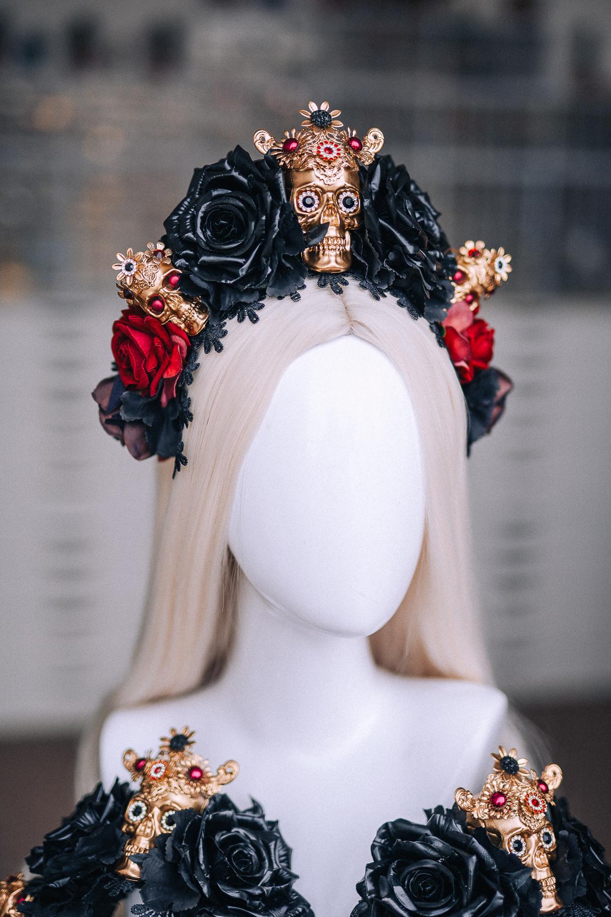 La Catrina Crown, Pink Black Rose Crown, Dia de los Muertos Headpiece, Gold Skull Flower Crown, Catrina Headpiece