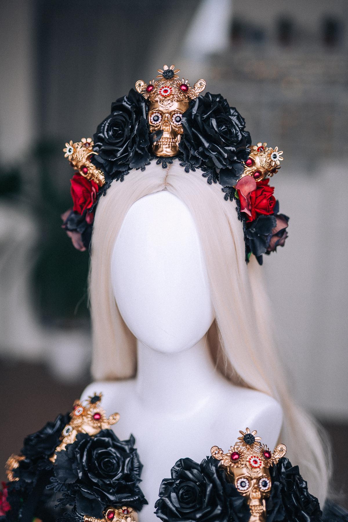 La Catrina Crown, Pink Black Rose Crown, Dia de los Muertos Headpiece, Gold Skull Flower Crown, Catrina Headpiece