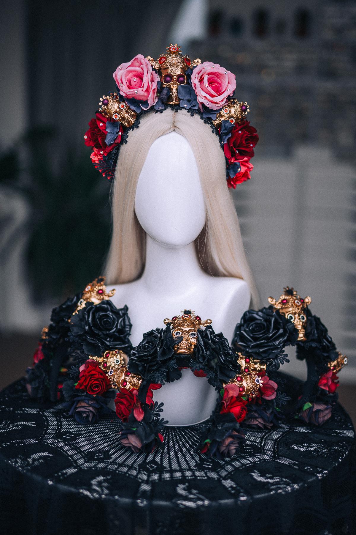 La Catrina Crown, Pink Black Rose Crown, Dia de los Muertos Headpiece, Gold Skull Flower Crown, Catrina Headpiece