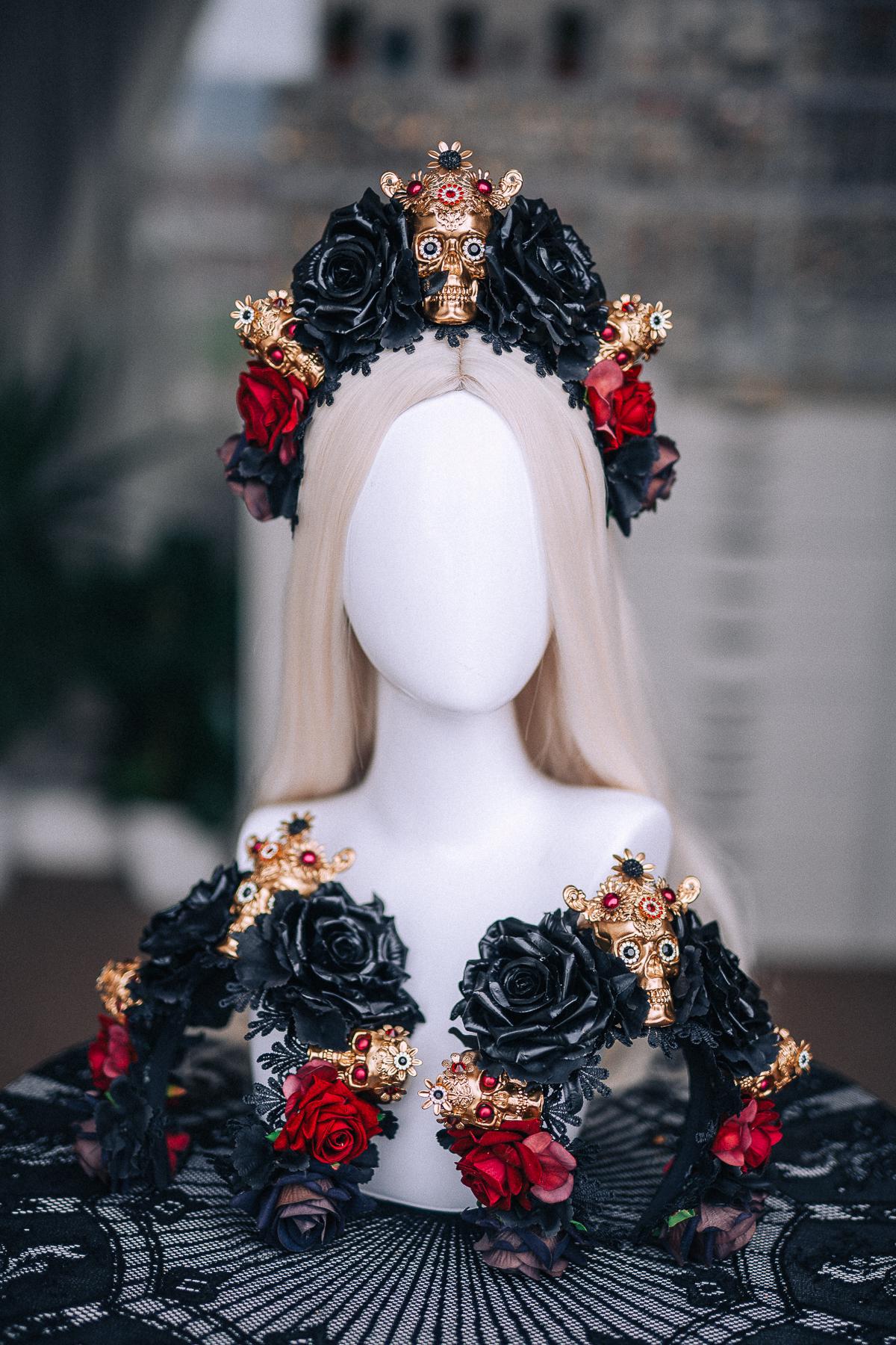 La Catrina Crown, Pink Black Rose Crown, Dia de los Muertos Headpiece, Gold Skull Flower Crown, Catrina Headpiece