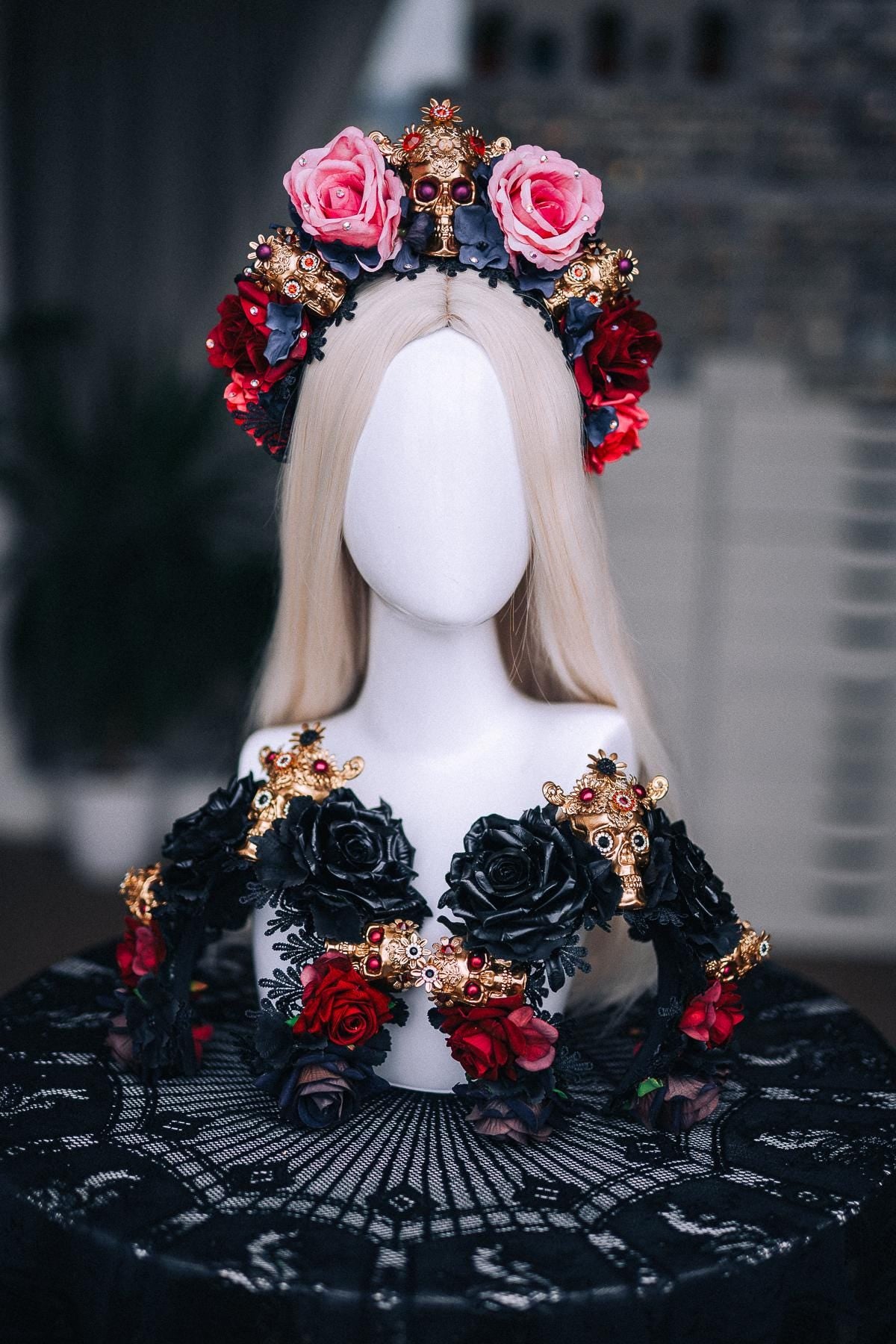 La Catrina Crown, Burgundy Black Rose Crown, Dia de los Muertos Headpiece, Gold Skull Flower Crown, Catrina Headpiece