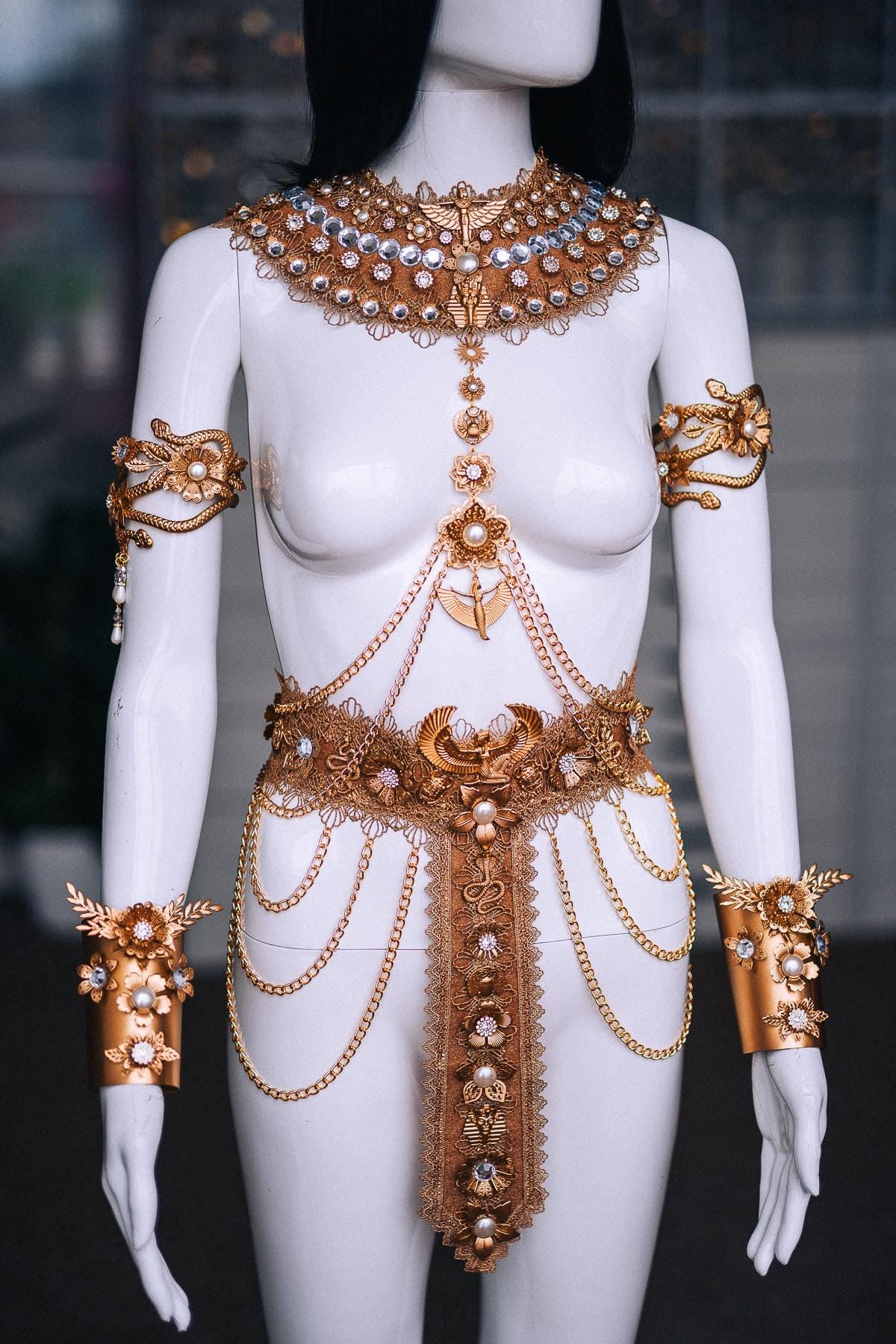 Cleopatra Upper Arm Cuffs, Gold Egyptian Arm Bands, White Pearl Pharaoh Jewelry, Egyptian Queen Costume, Goddess Arm Jewelry