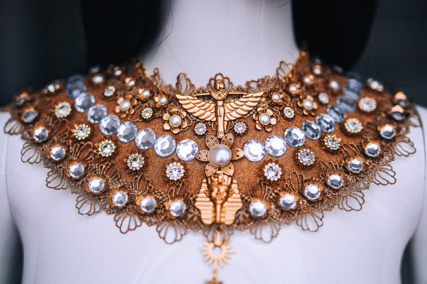Cleopatra Pectoral Necklace, Gold Egyptian Collar, White Pearl Pharaoh Jewelry, Egyptian Queen Costume, Goddess Statement Necklace
